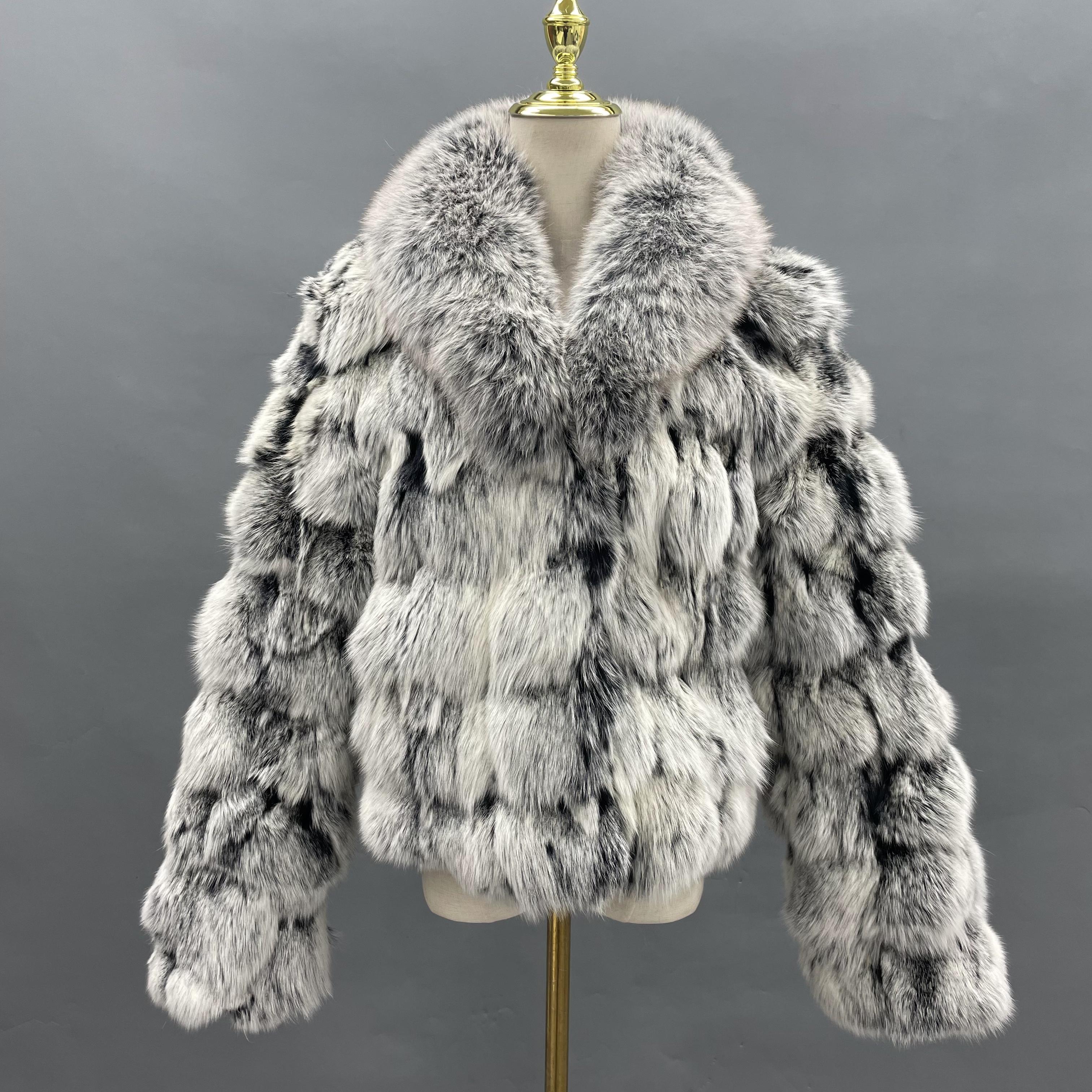 Plus Size Women's Short Stylish Lapel Real Fox Fur Luxury Jacket - Janefur