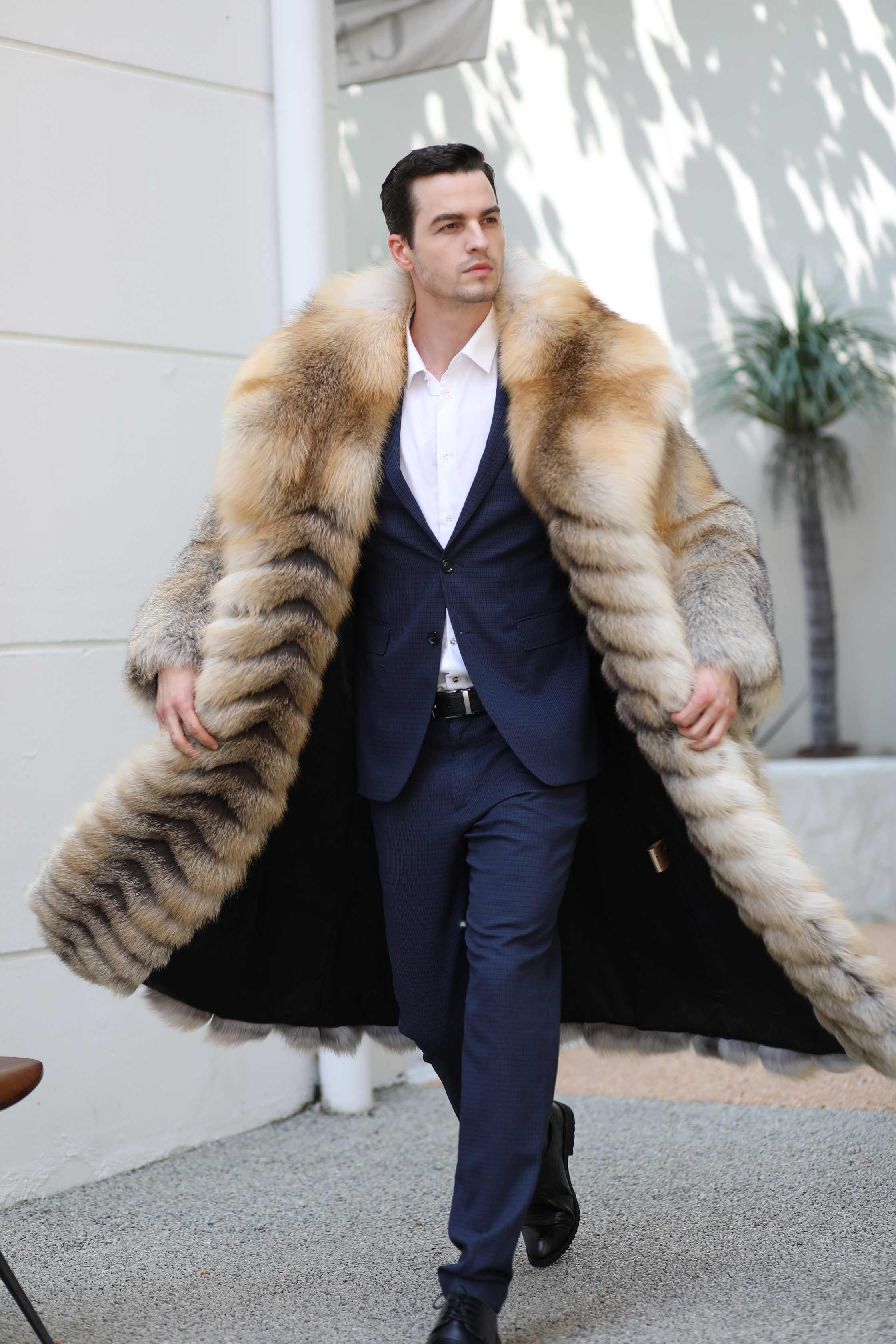 Men's Long Golden Island Fox Luxury Fox Fur Real Fur Winter Coat - Janefur