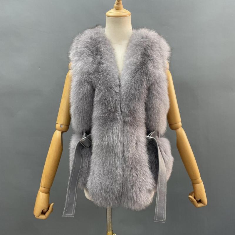 Ladies Fox Fur Vest Leather Buckle Tab - Janefur
