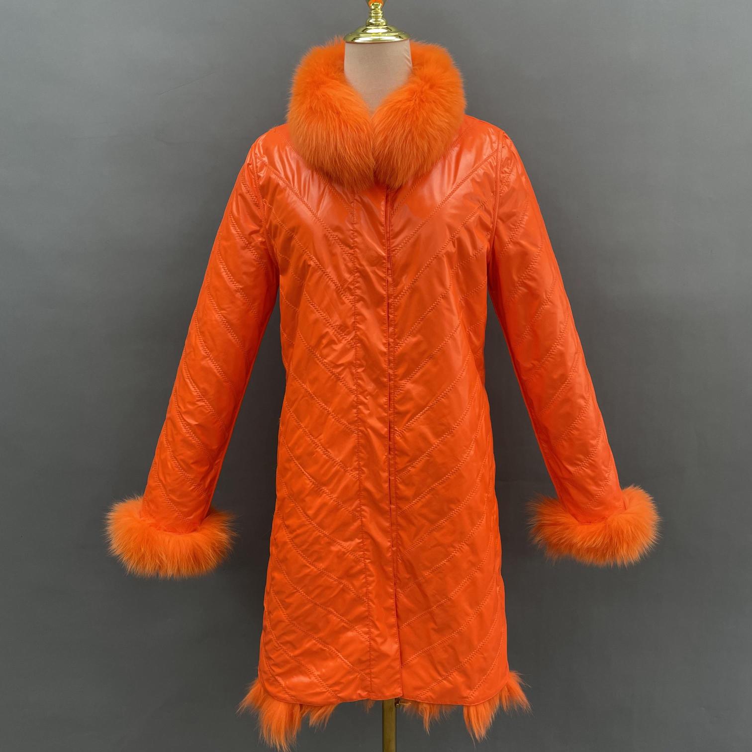 Reversible Long Jacket With Fox Fur And Diagonal Stripes - Janefur