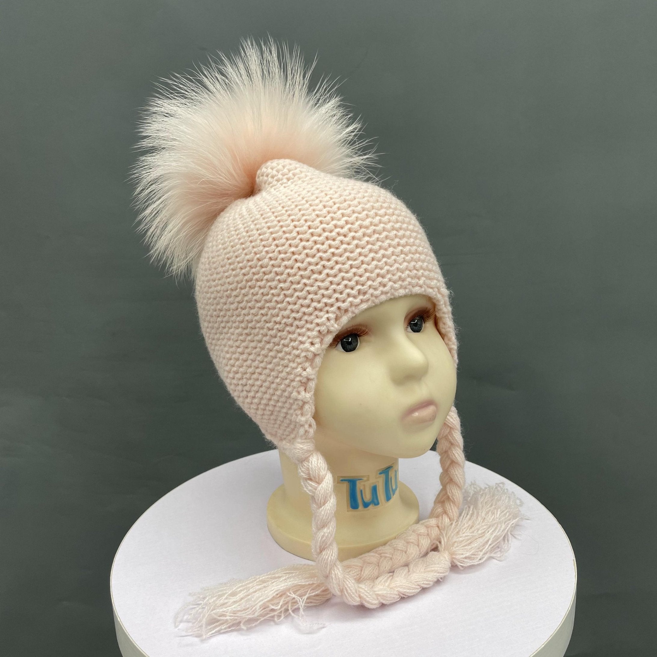 Children's Fashion Knitted Big Braid Raccoon Fur Pom Pom Hat - Janefur