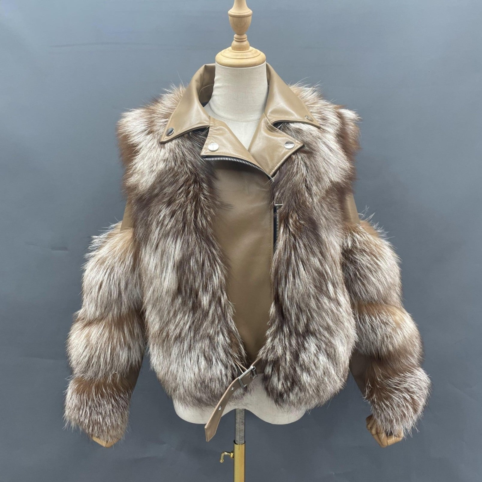 Women's Fall and Winter Fashion Leather Collar Fox Fur Parka - Janefur