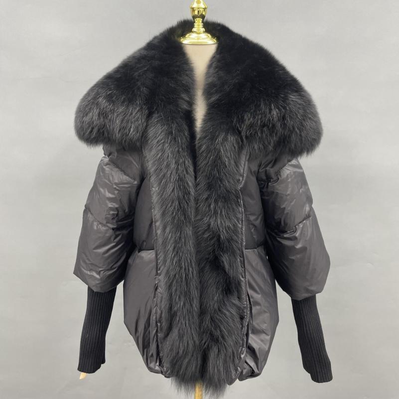 Knit Cuffs with Large Turn-down Collar Down Jacket - Janefur