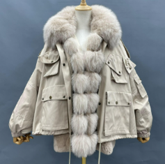 Women's Winter Warm Multi-Pocket Coat Rabbit Fur Tank Fox Placket Parka - Janefur