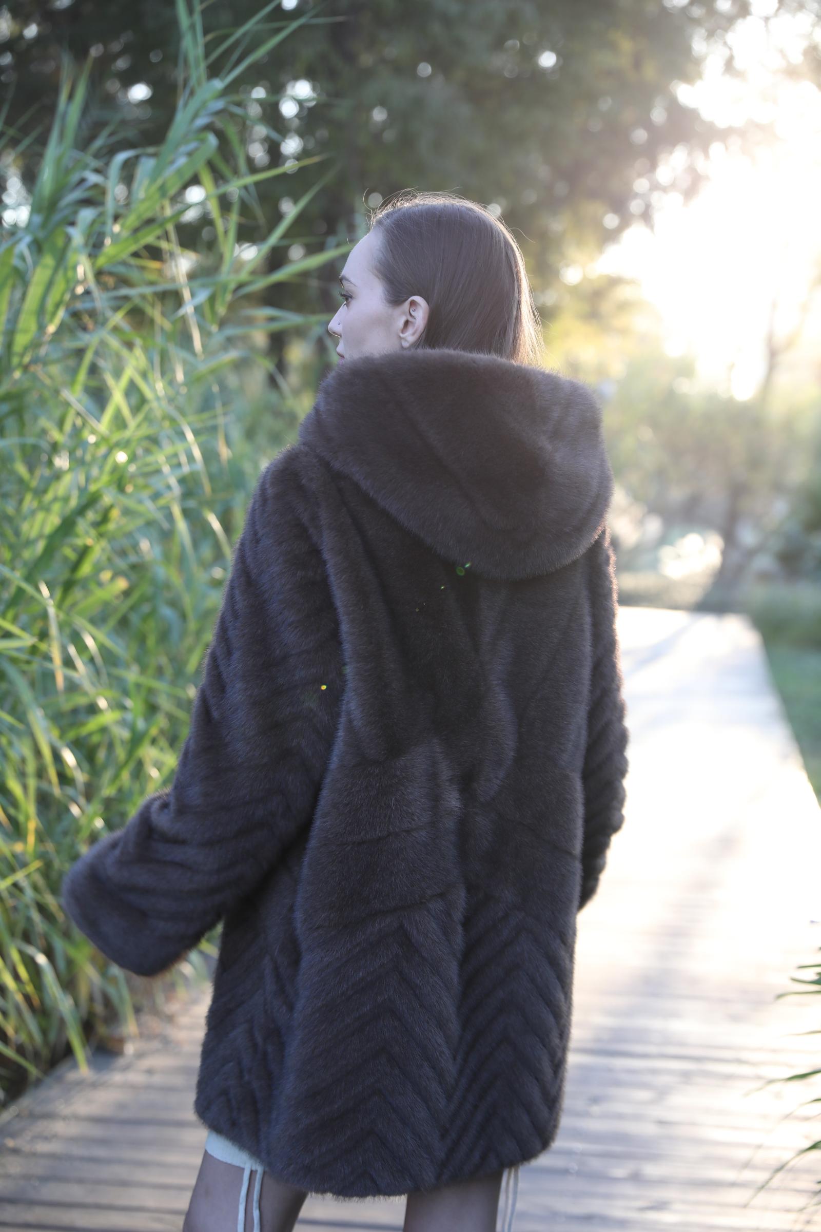Women's Fashionable Windproof Hooded Pocket Faux Mink Fur Jacket - Janefur