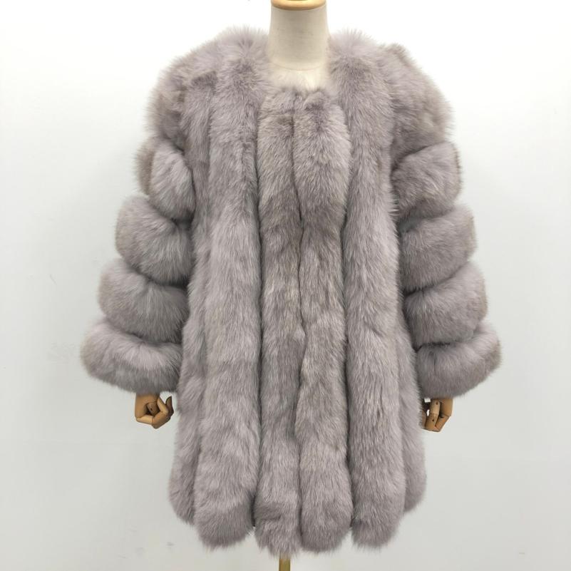 Fashion Women's Long Fox Fur Coat Vertical Stripes Solid Color - Janefur