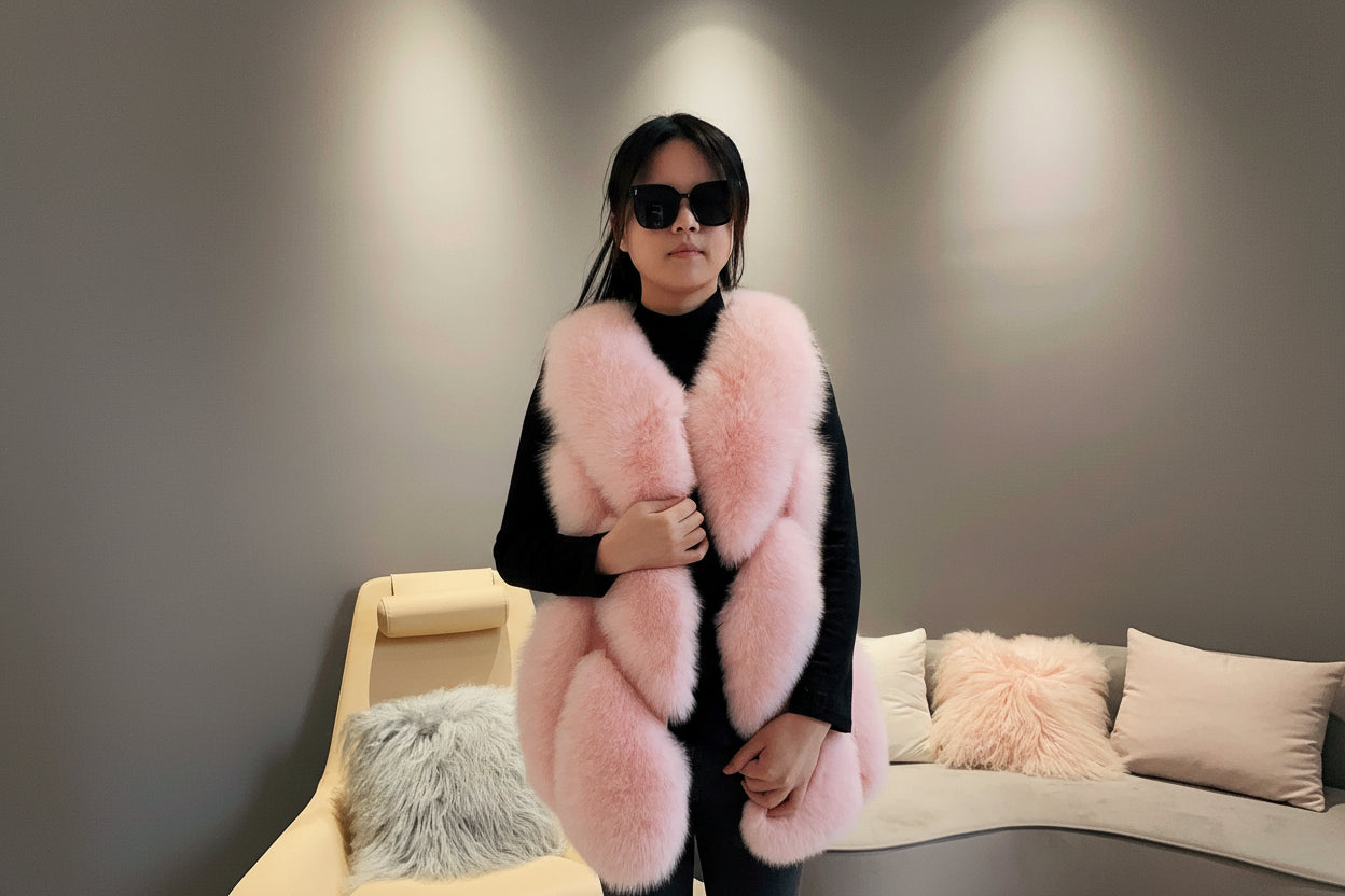 Janefur Womens Pink Fashion Fox Fur Gilets Pink