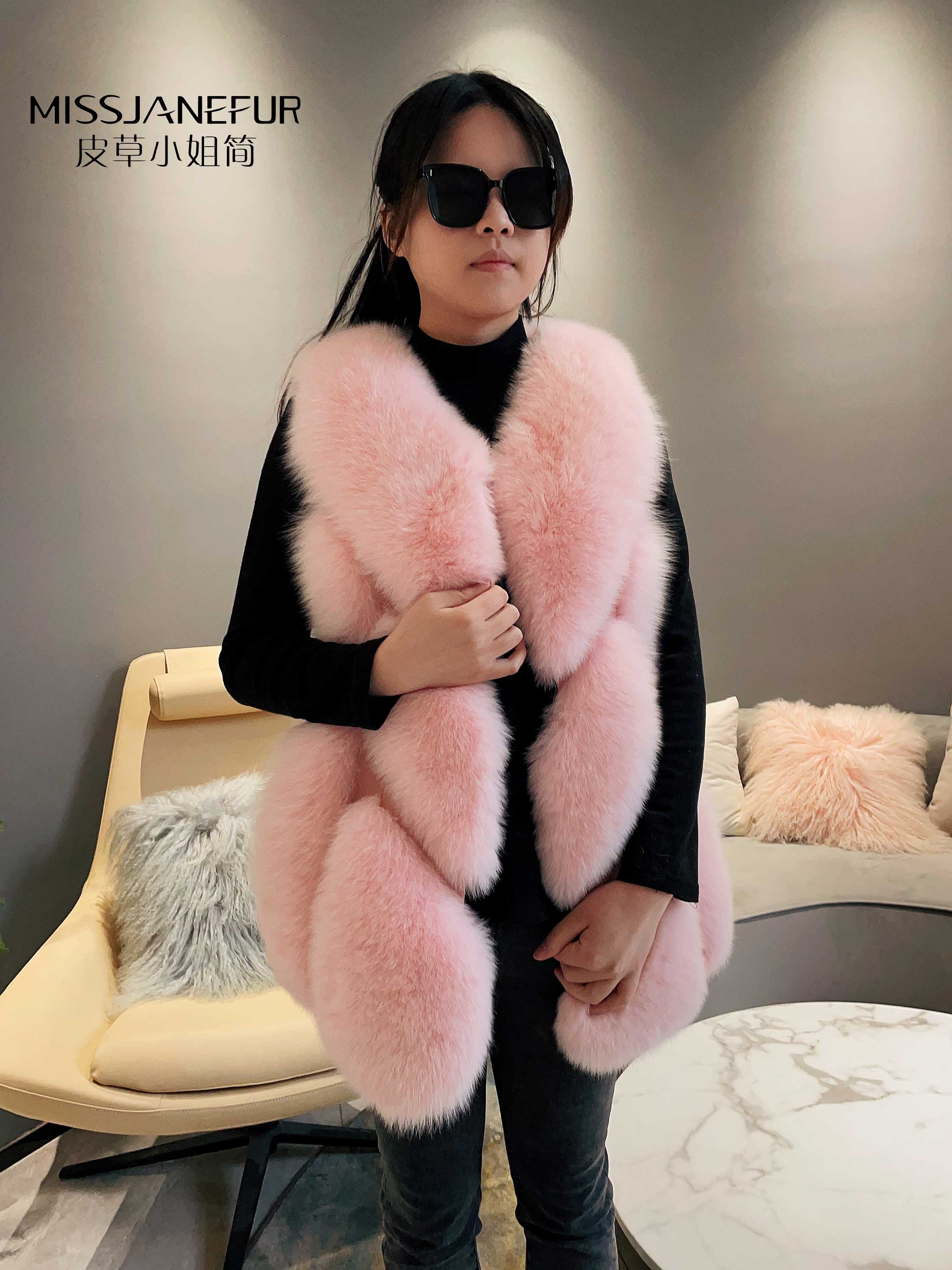Missjanefur Womens Pink Fashion Fox Fur Gilets - Janefur