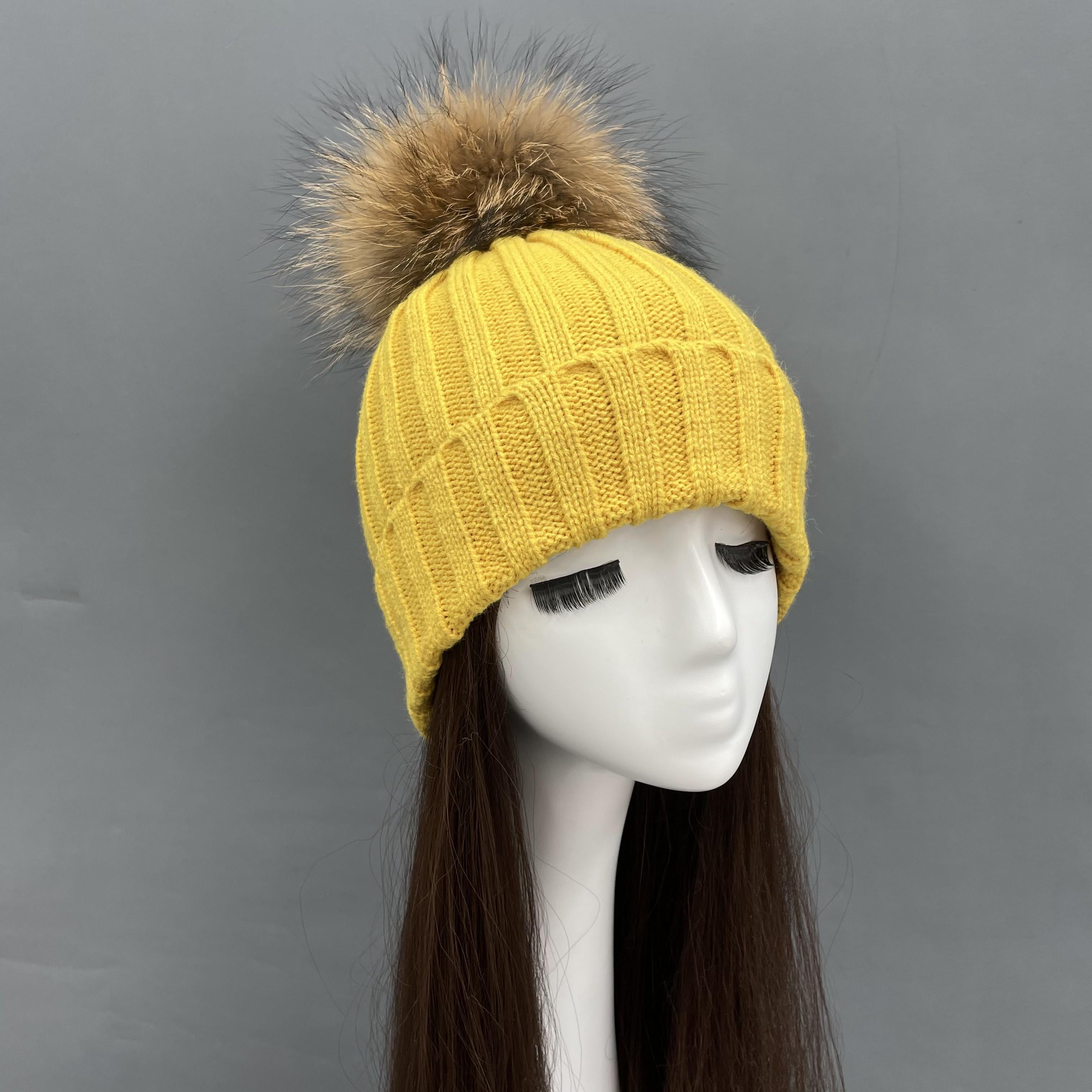 New Fall And Winter Striped With Fur Pom Pom Acrylic Hat - Janefur