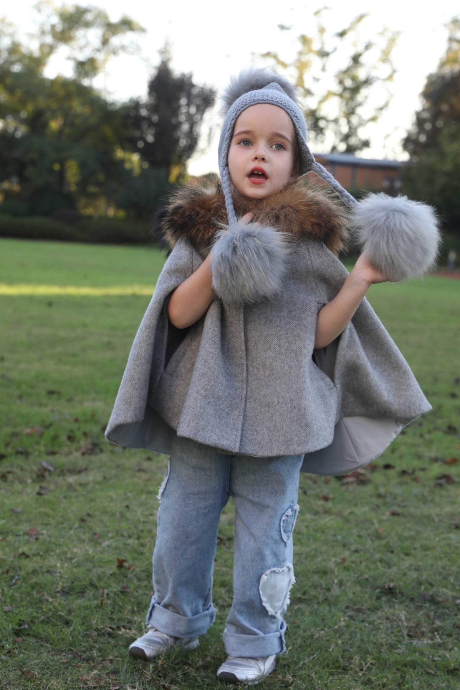 Children's Fashion Knitted Big Braid Raccoon Fur Pom Pom Hat - Janefur