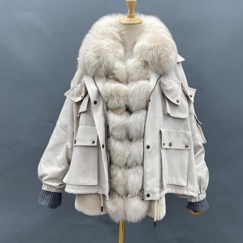 Women's Winter Warm Multi-Pocket Coat Rabbit Fur Tank Fox Placket Parka - Janefur