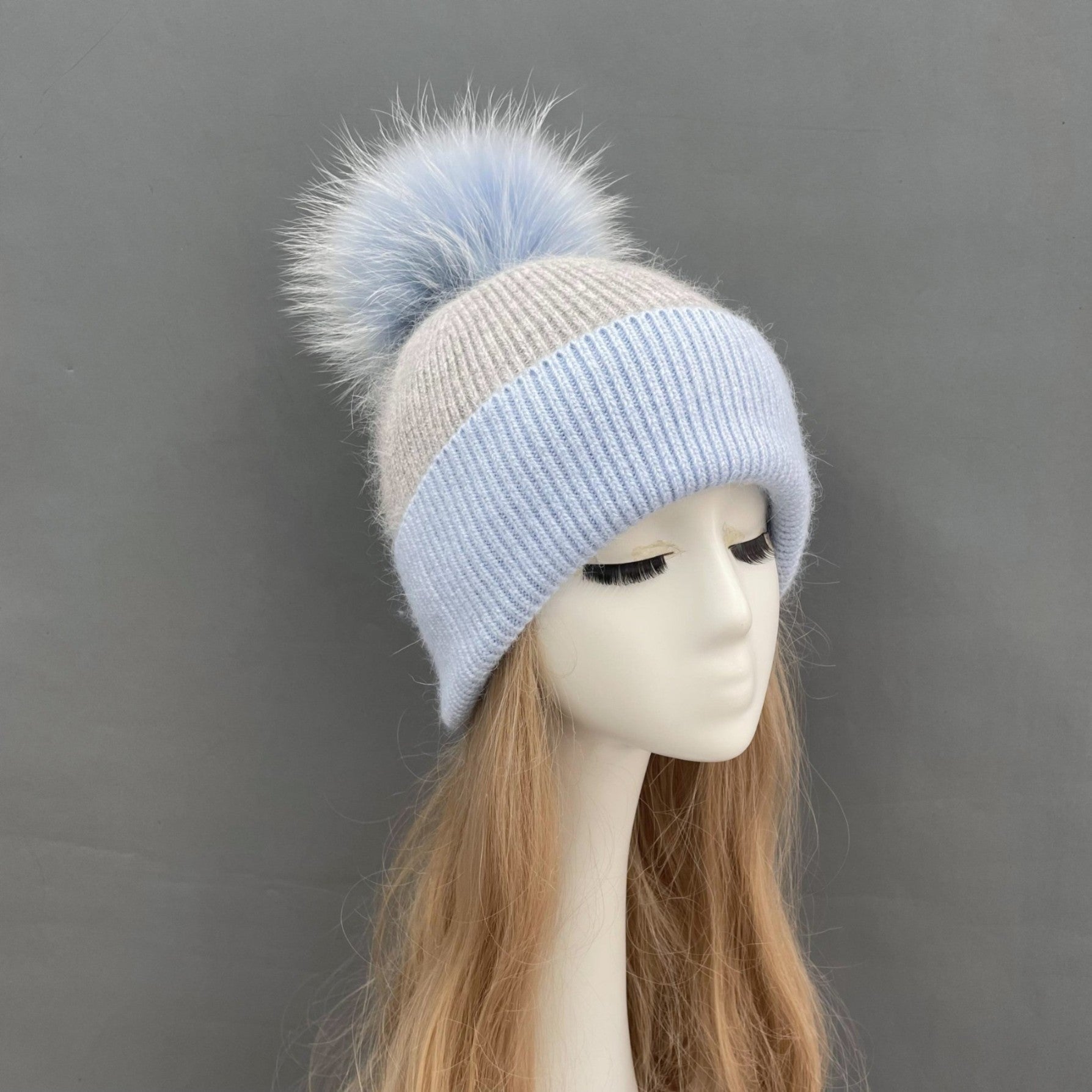 Contrast Color Angora Knitted Fur Pom Pom Warm Beanie Hat For Adults and Children - Janefur