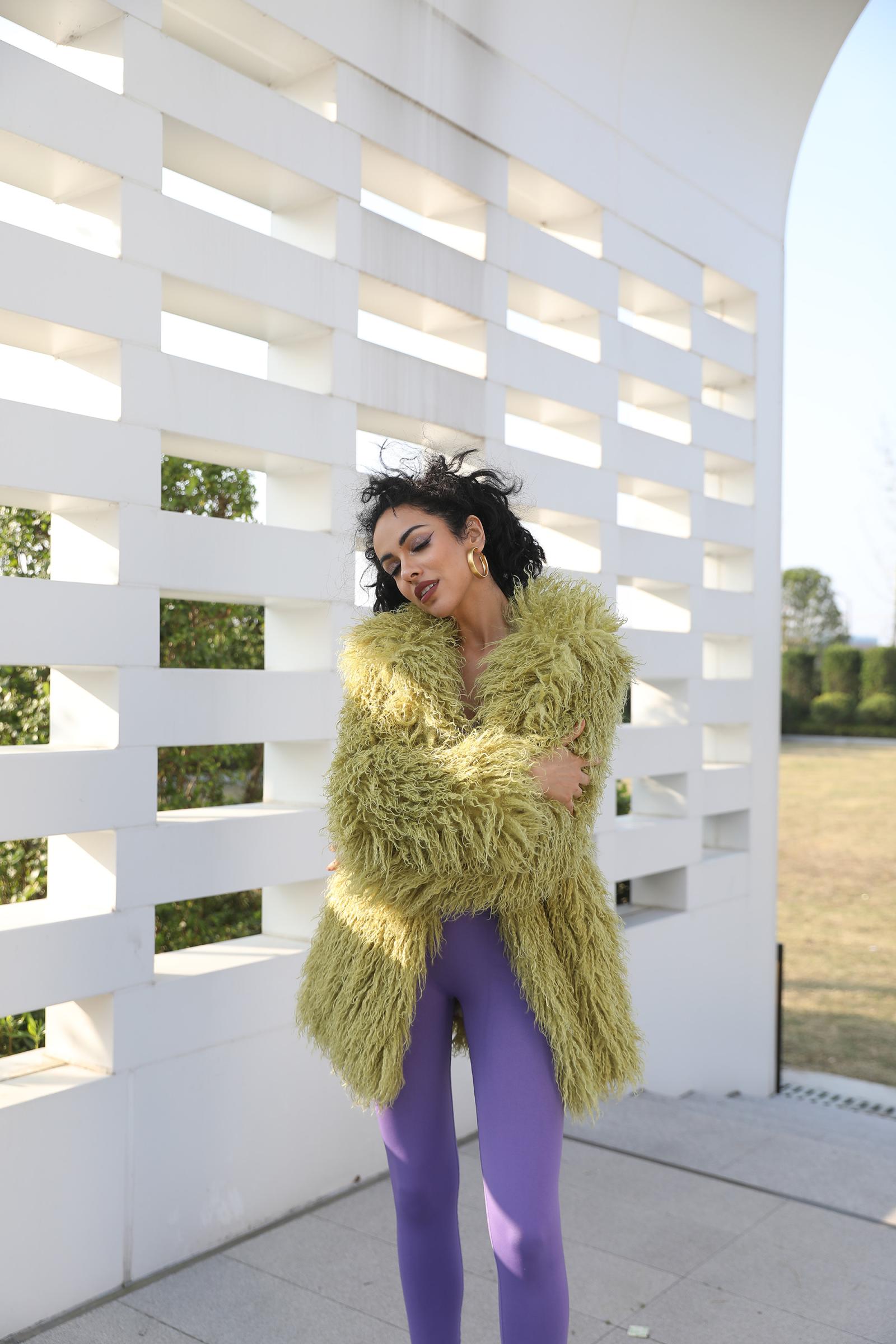 Eco-friendly Mongolian Lamb Wool Coat for Women Classic Fashion Mid-length Jacket Faucx Mongolian Lamb Wool Outer Jacket - Janefur