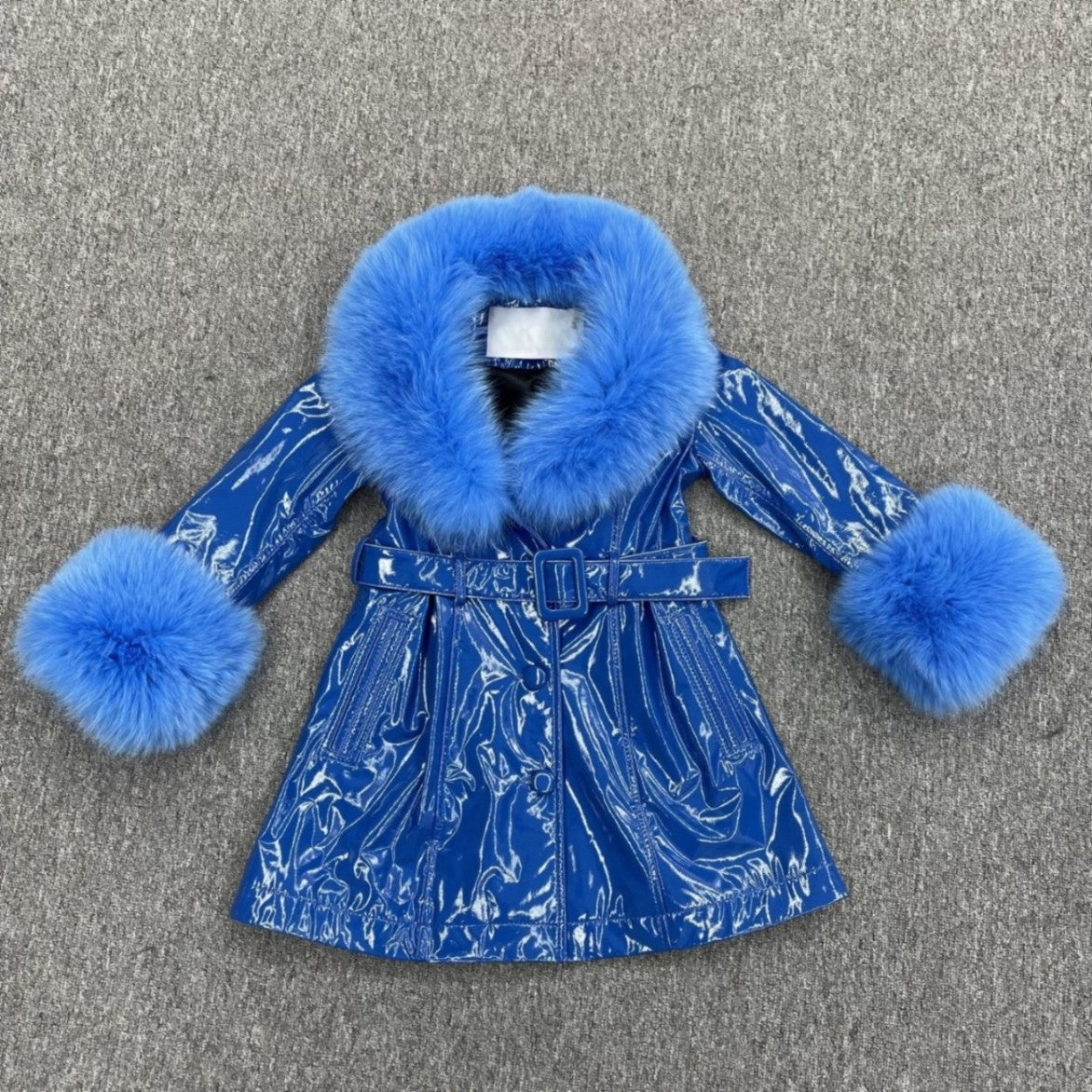 Children's Large Flip Collar Collar Terry Long Shiny Leather Jacket - Janefur