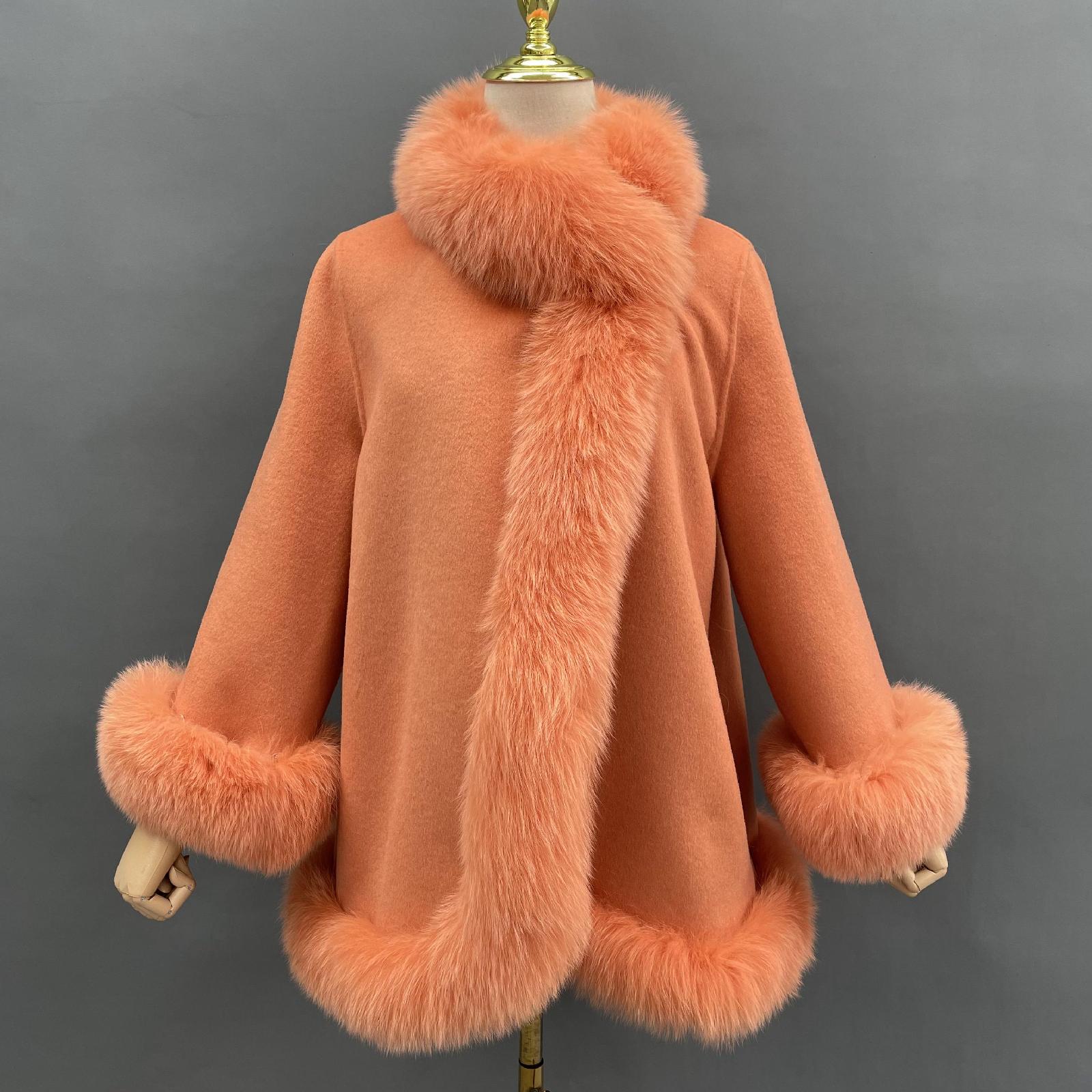 Women Elegant Style Cashmere Coat with Fox Fur Trim Shawl - Janefur