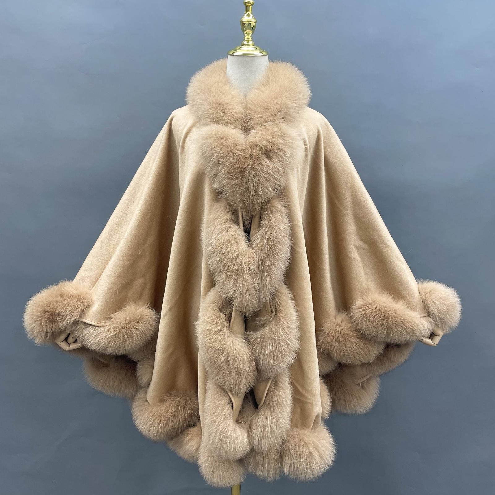 Full Wool Cashmere Cape with Real Fox Fur Fashionable Luxurious Soft Shawl for Women's Coat - Janefur