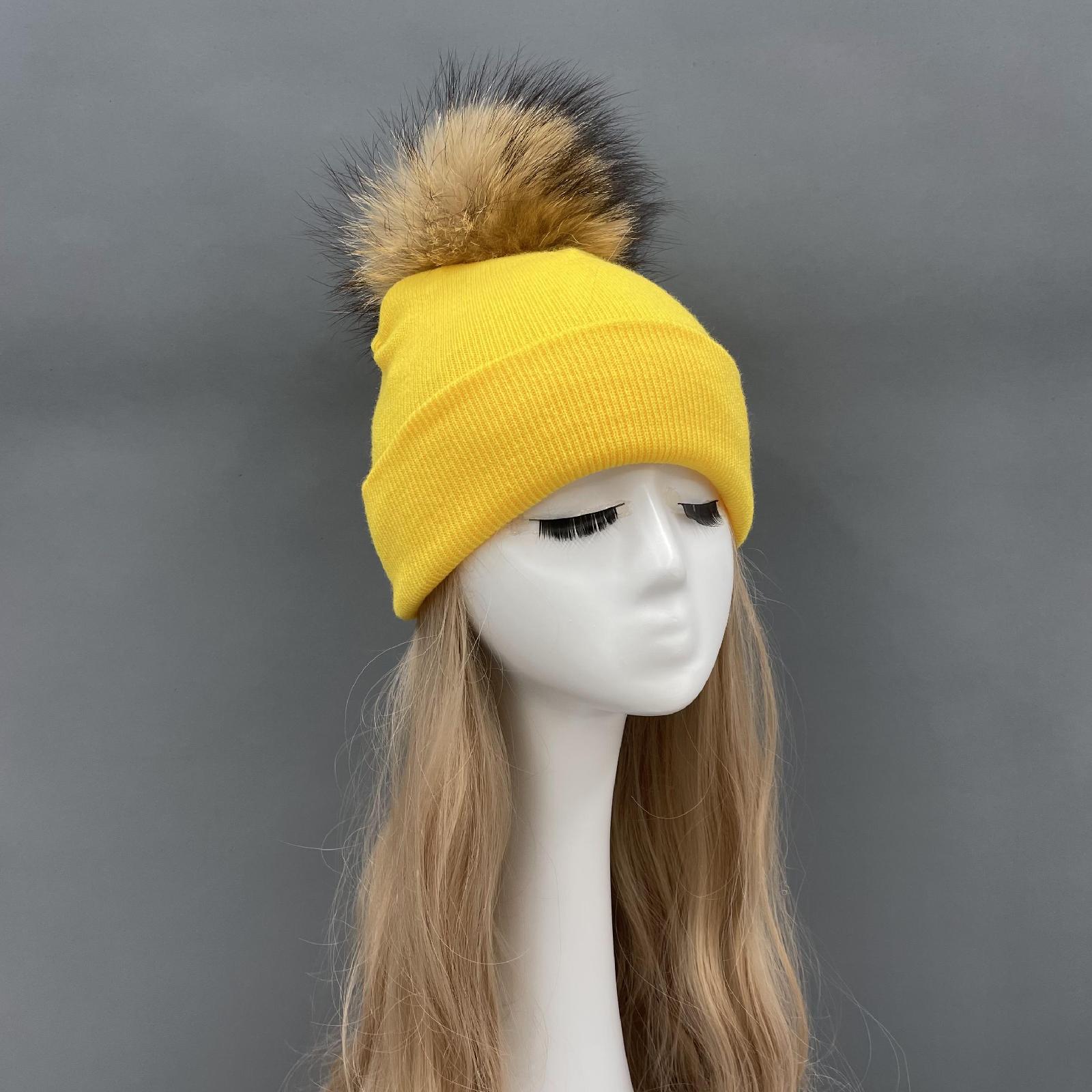 Solid Color Acrylic Knitted Hat with Single Fur Pom Pom Women's Knit Cap - Janefur