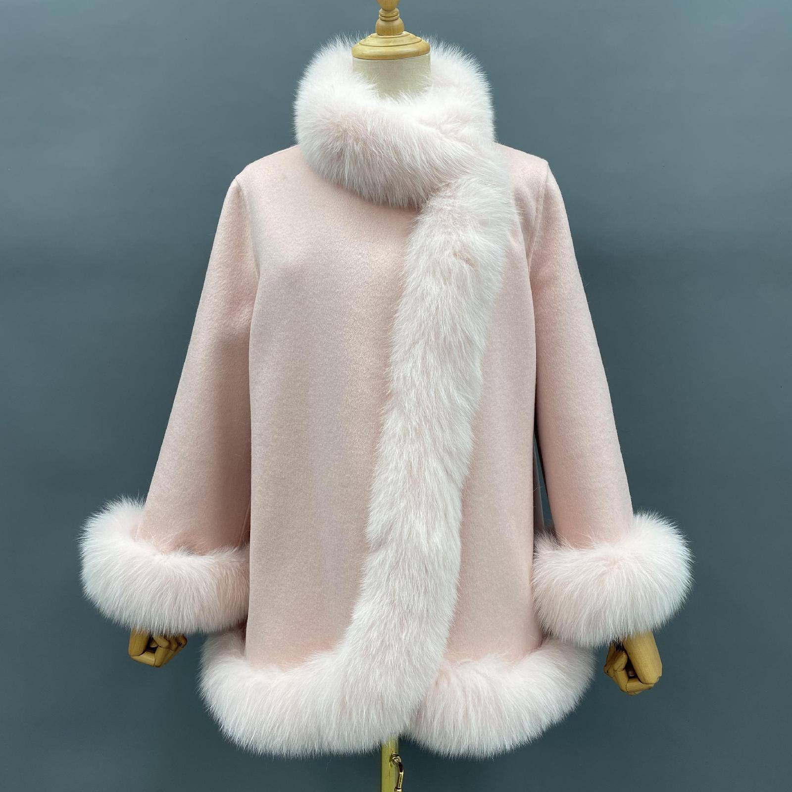 Women Elegant Style Cashmere Coat with Fox Fur Trim Shawl - Janefur