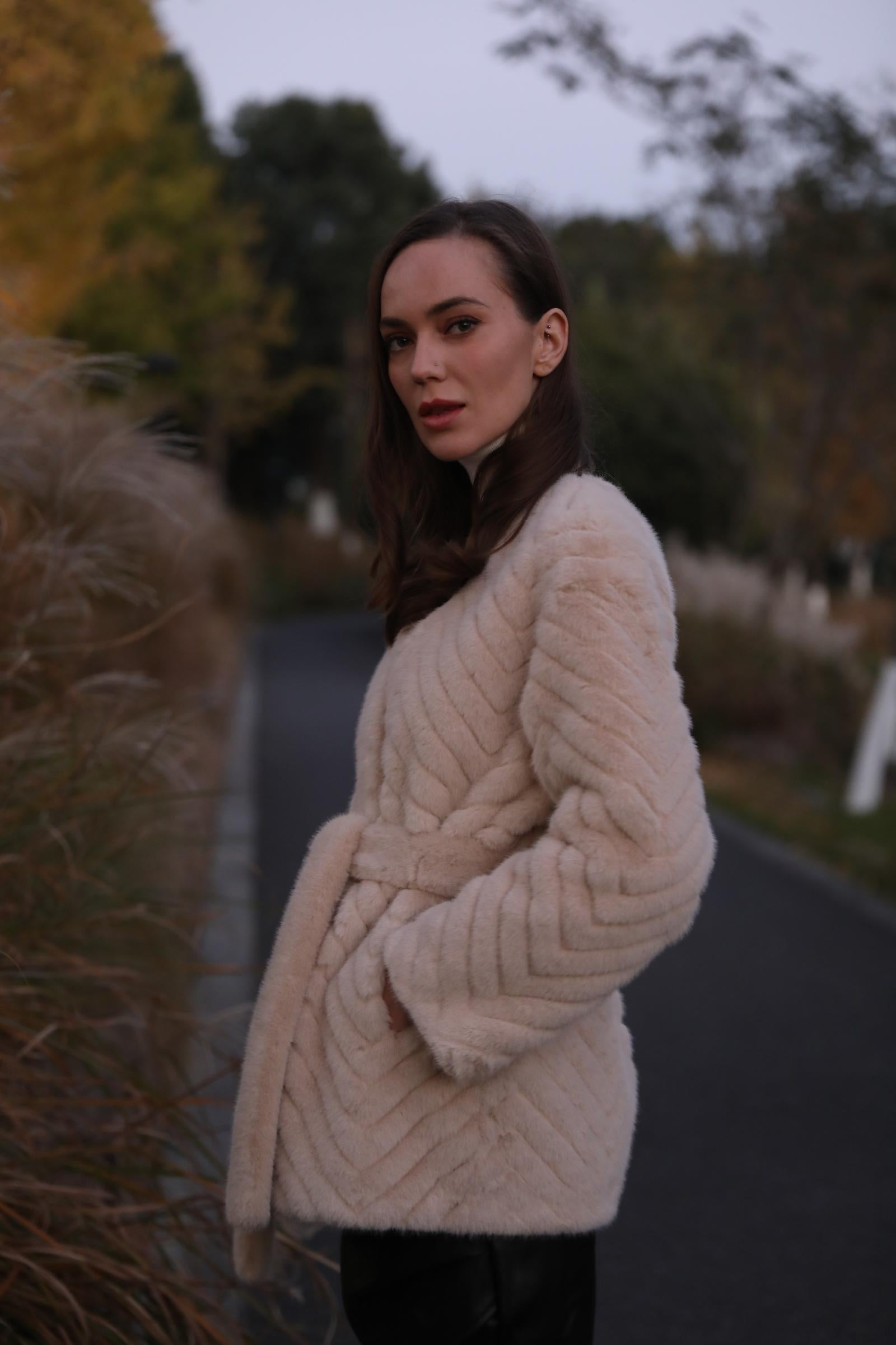 New Women's Winter Diagonal Stripe Waistband Faux Mink Warm Coat - Janefur