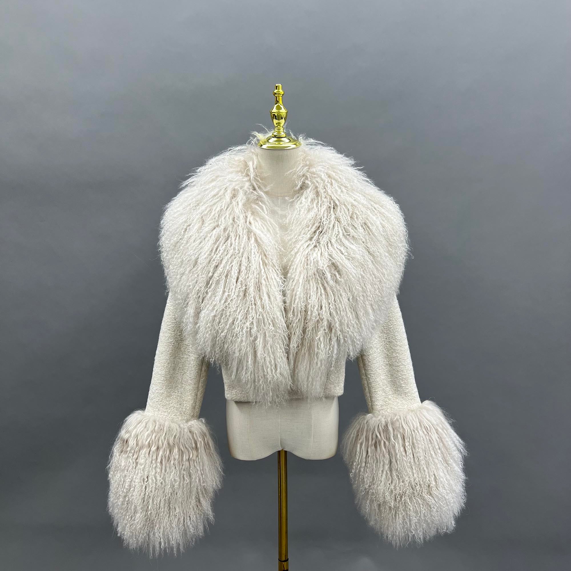 Womens Charming Ultra-short Mongolian Lamb Fur Coat Fashion Outerwear Fur Jacket - Janefur