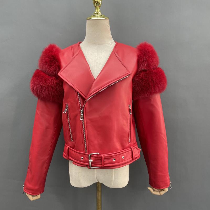 Fox Fur on Shoulders Leather Jacket - Janefur