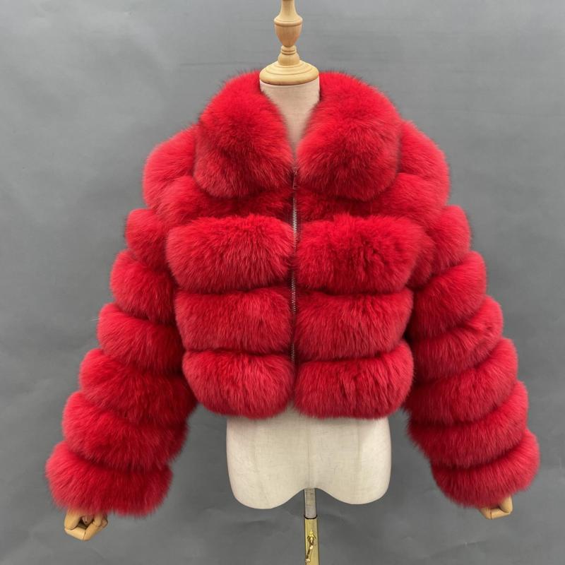 Women's Short Zip Fox Leather Jacket Square Neck Fluffy Fashion Coat - Janefur