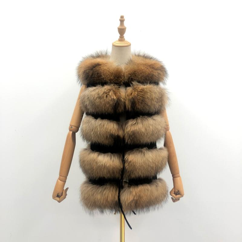 Women's Winter Long Real Raccoon Fur Coat Sleeveless Vest - Janefur
