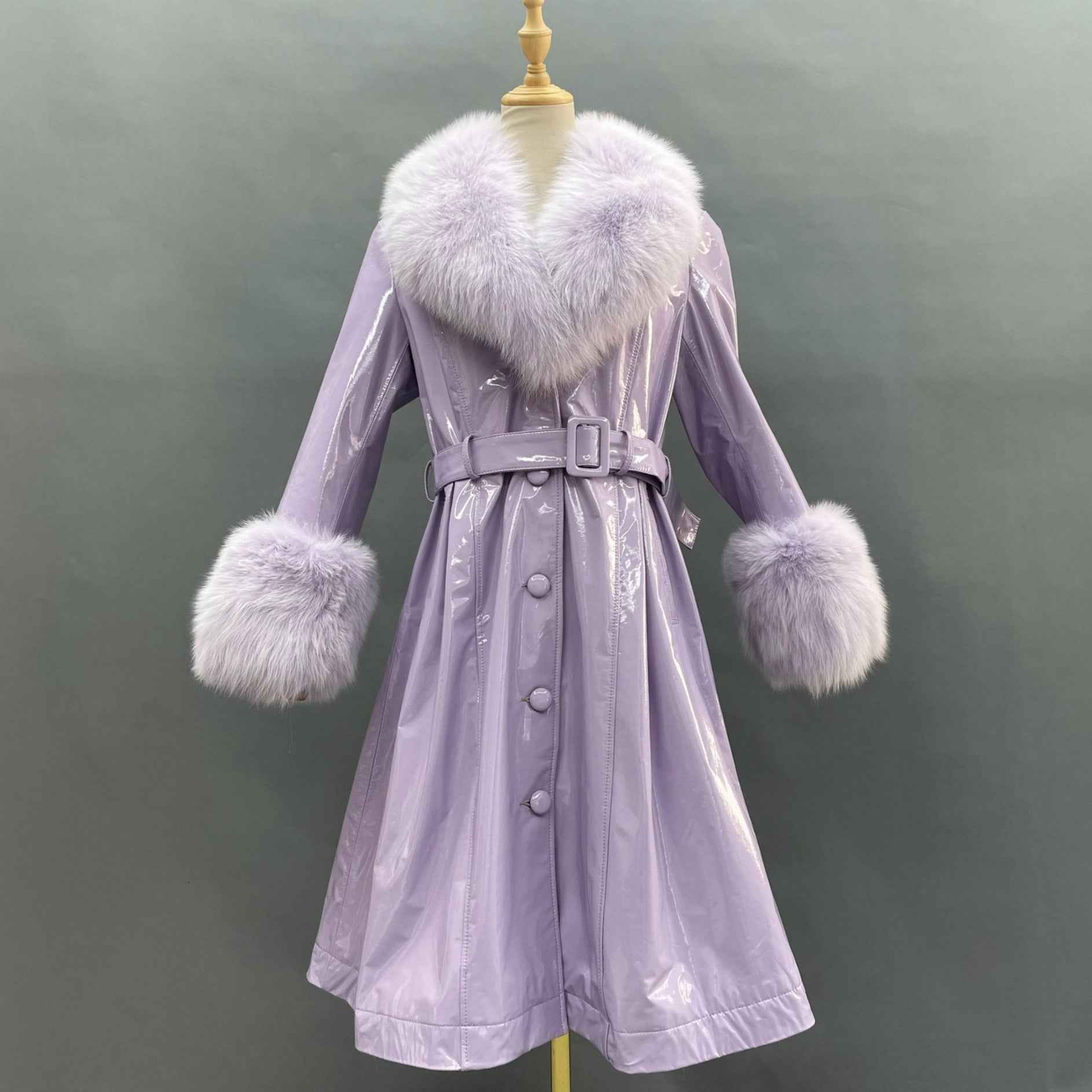 Women's Winter Large Flip Lapel Collar Fur Terry Long Shiny Leather Jacket - Janefur