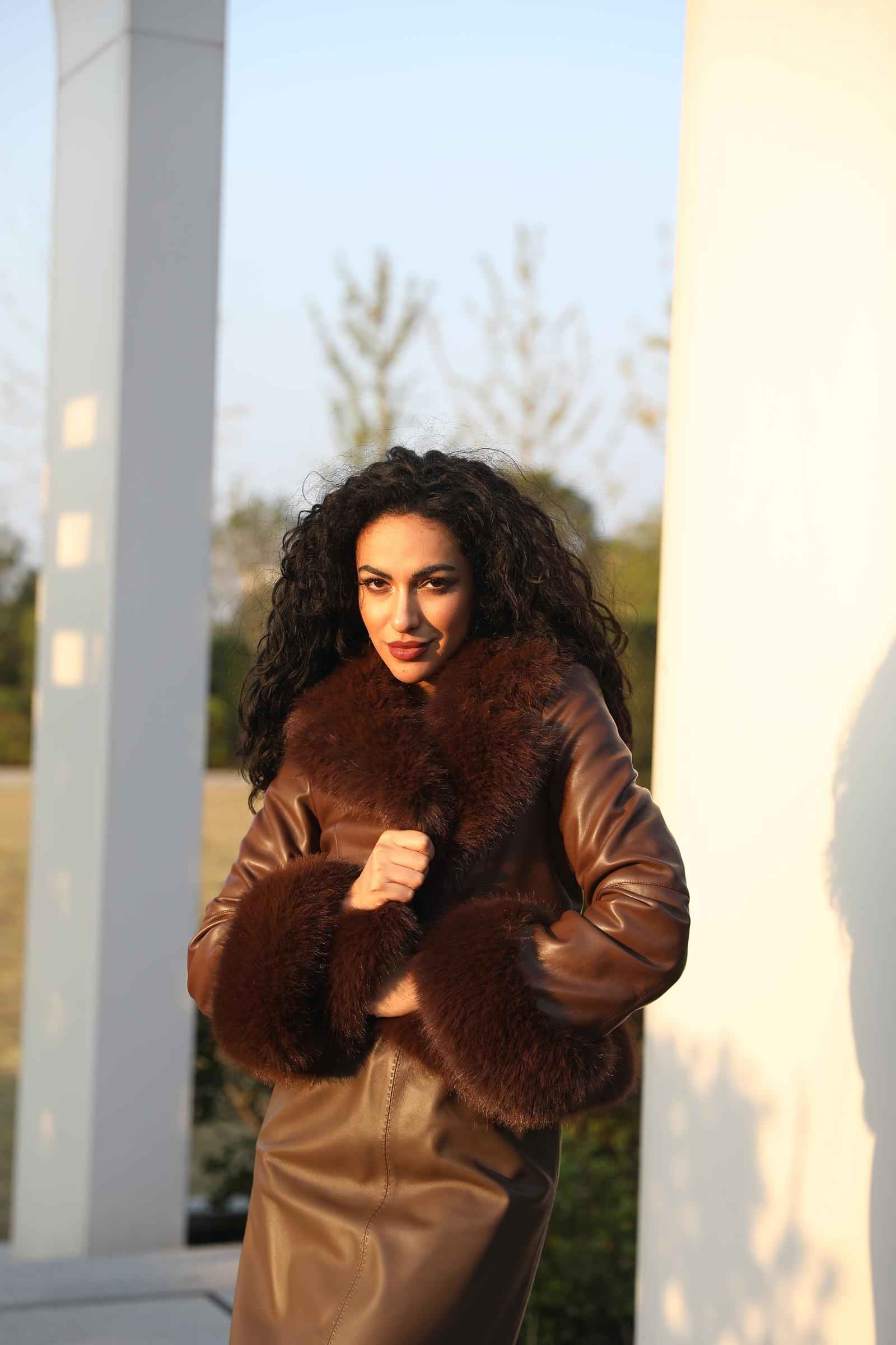 Eco-Friendly Leather-Like Faux Fur Trendy Suit Collar Buttoned Leather Coat - Janefur