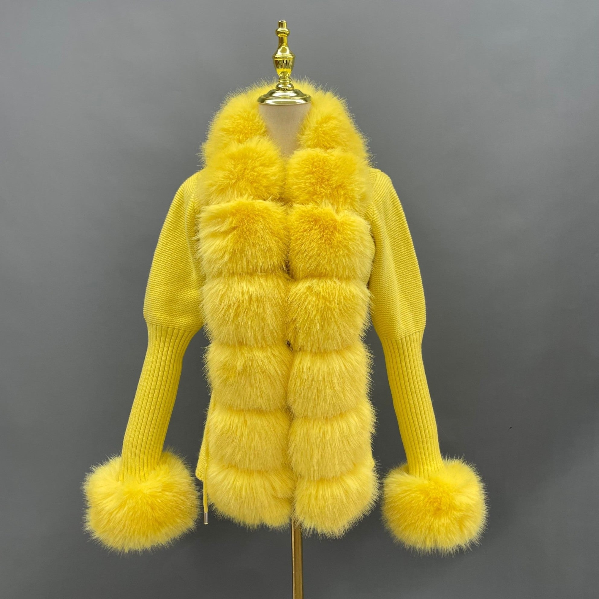 Women's Knitted Sweater Coat Cuff Placket with Eco-Fur Faux Fur - Janefur