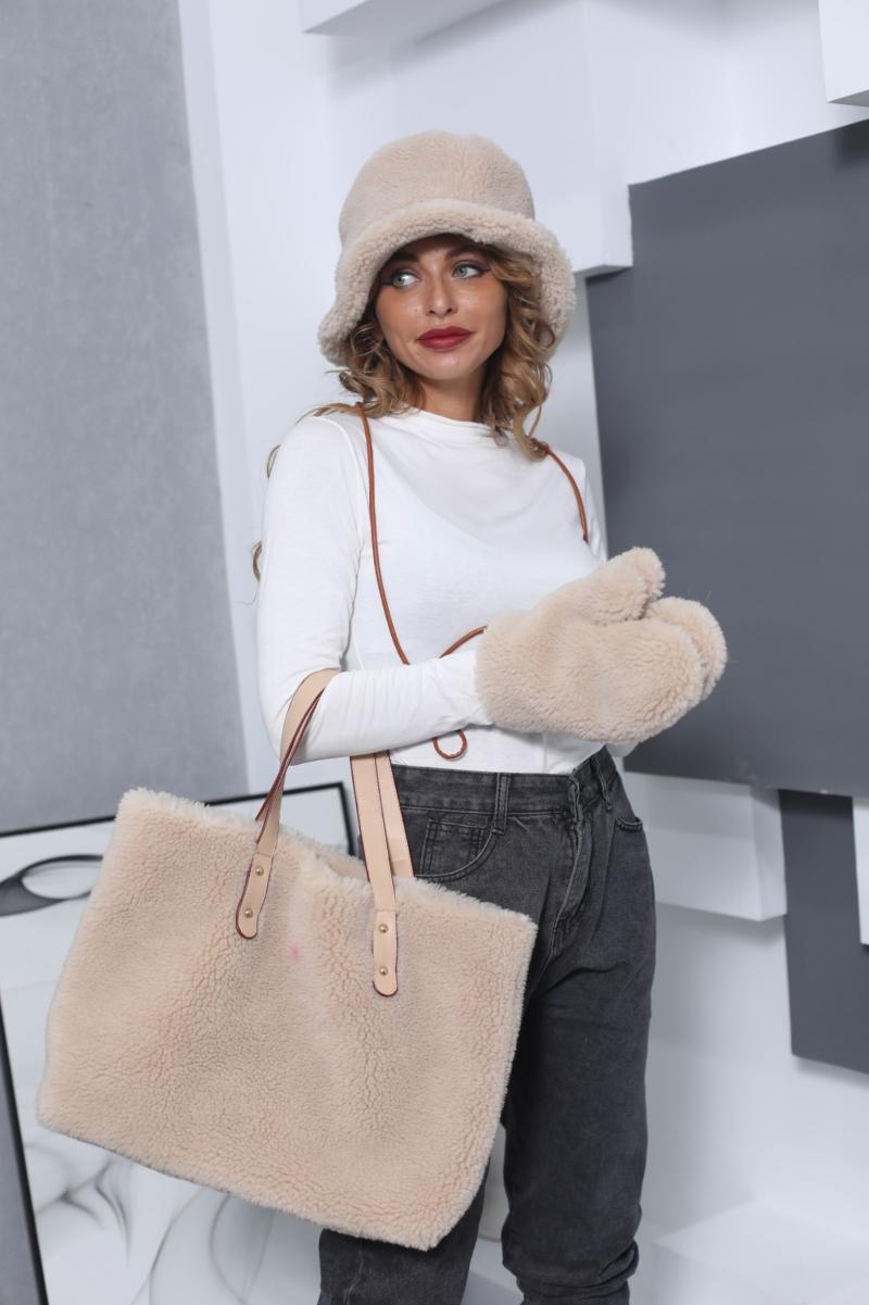 Fashionable Winter Warm Lamb Wool Fisherman Hat Bag Set - Janefur