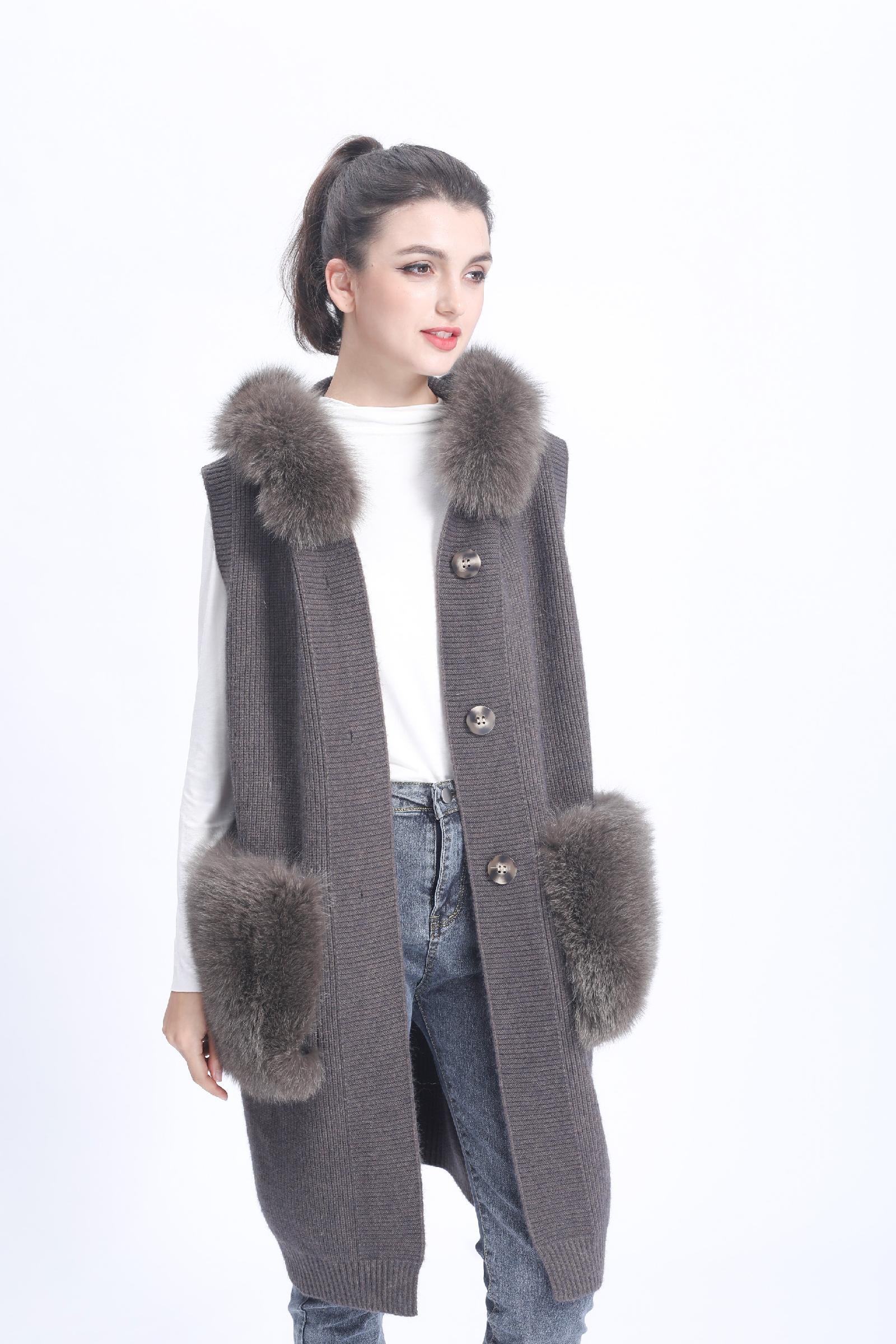 Women's Knitted Sweater Hooded Vest Sleeveless Button Down Cardigan Outwear Top with Pockets - Janefur