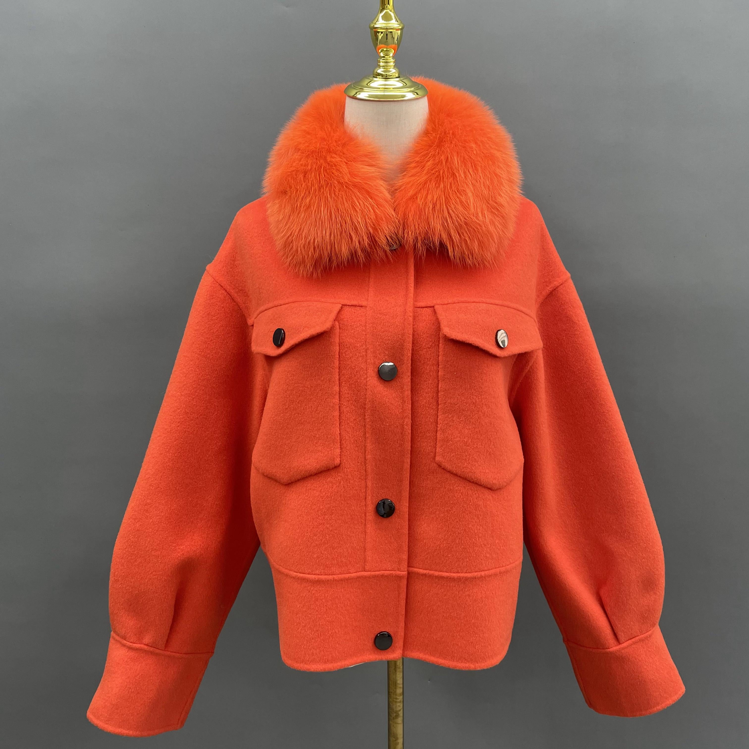 Women's Short Fox Fur Lapel Buckle Fly Casual Cashmere Jacket - Janefur