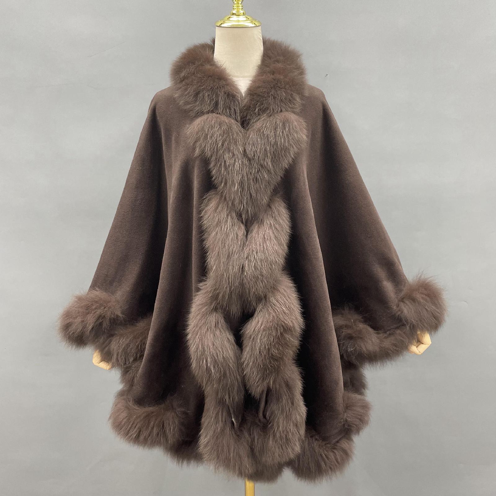 Full Wool Cashmere Cape with Real Fox Fur Fashionable Luxurious Soft Shawl for Women's Coat - Janefur