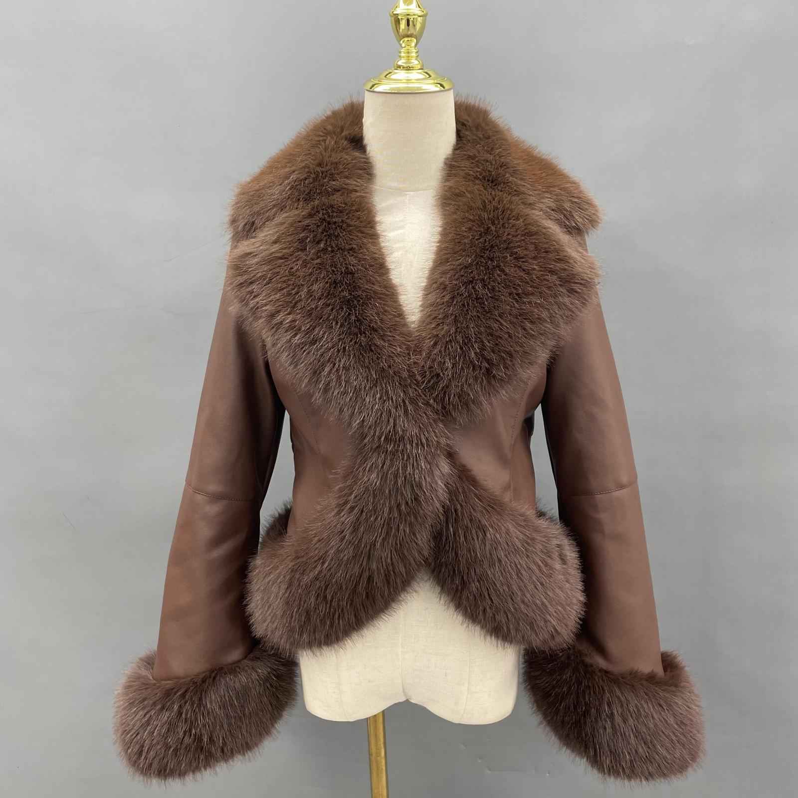 Eco-Friendly Leather-Like Faux Fur Trendy Suit Collar Buttoned Leather Coat - Janefur