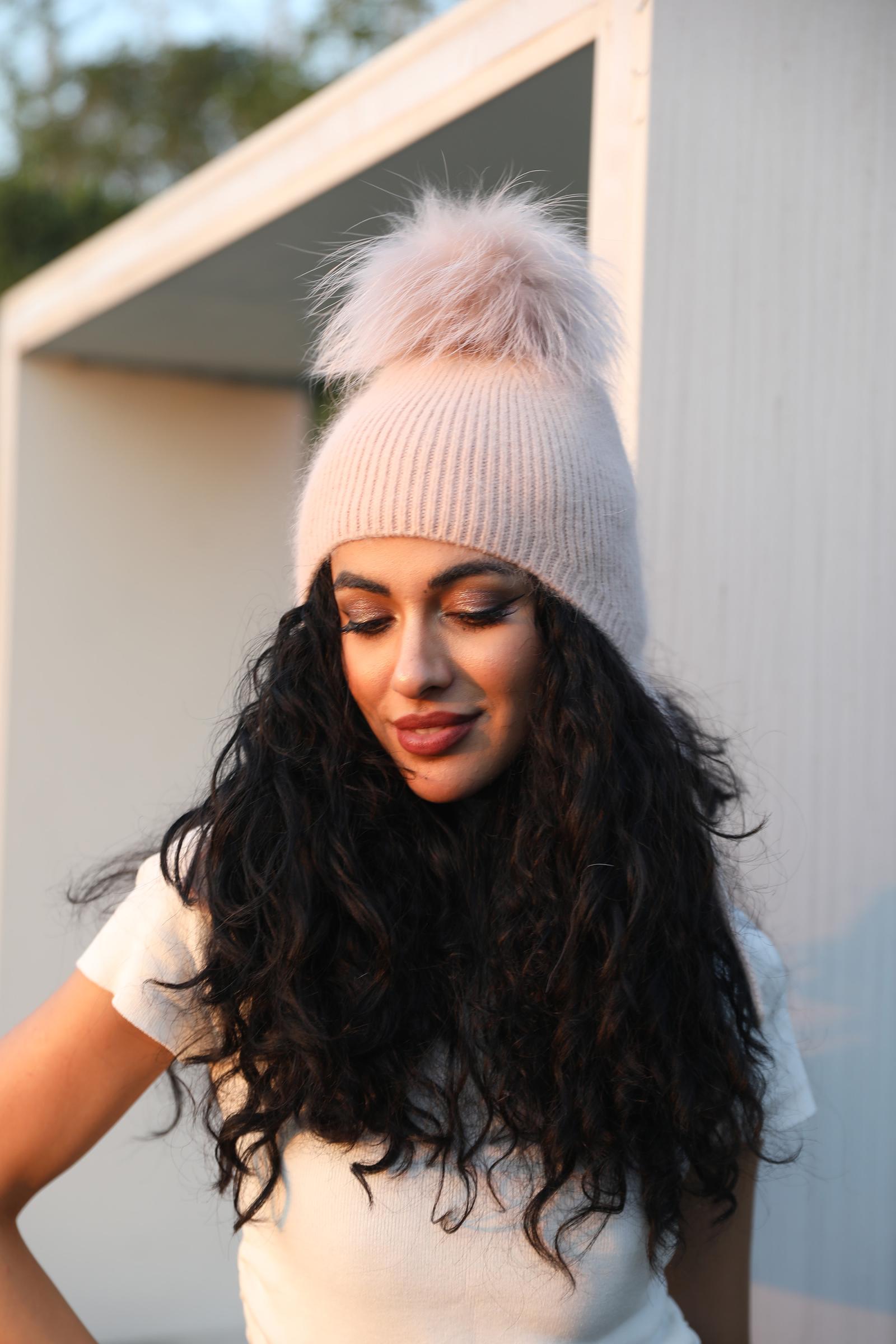 Adult Rabbit Fur Pom Pom Ear Muff Hat with Windproof and Warm Protection - Janefur