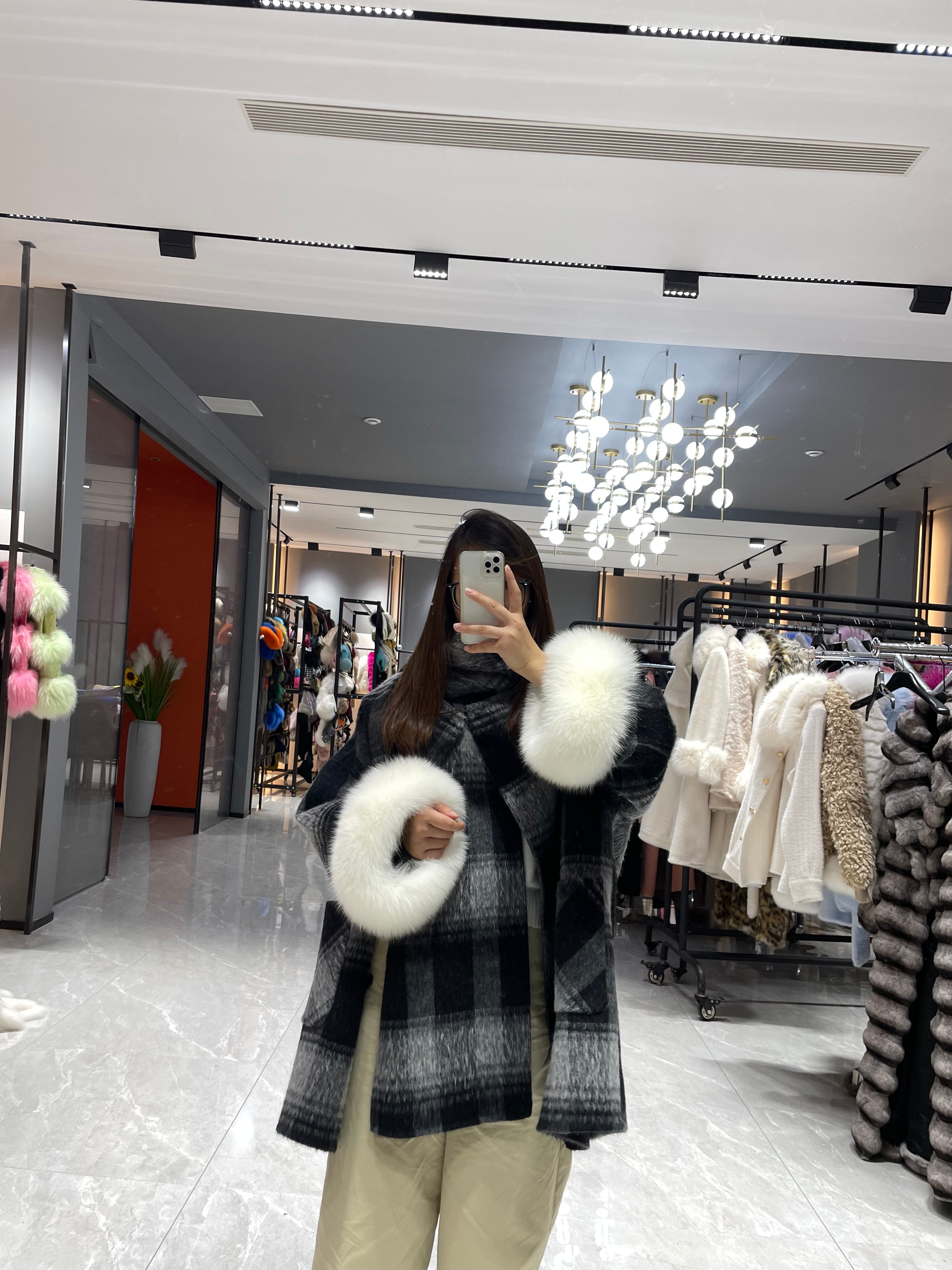 Luxury NEW Winter Wool Coat with Built-in Scarf & Real Fox Fur Cuffs – Women's Winter Plaid Overcoat - Janefur