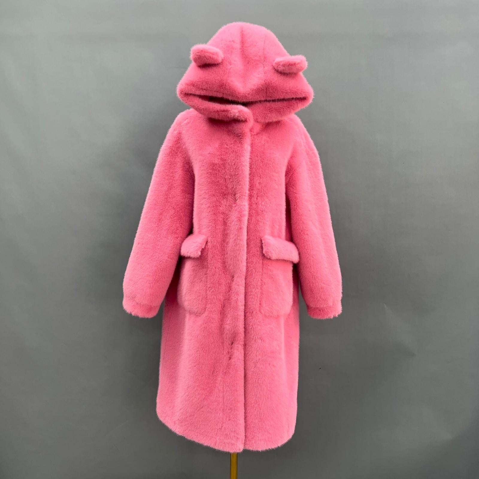 Women's Bear Ears Long Faux Mink Cute Warm Coat - Janefur