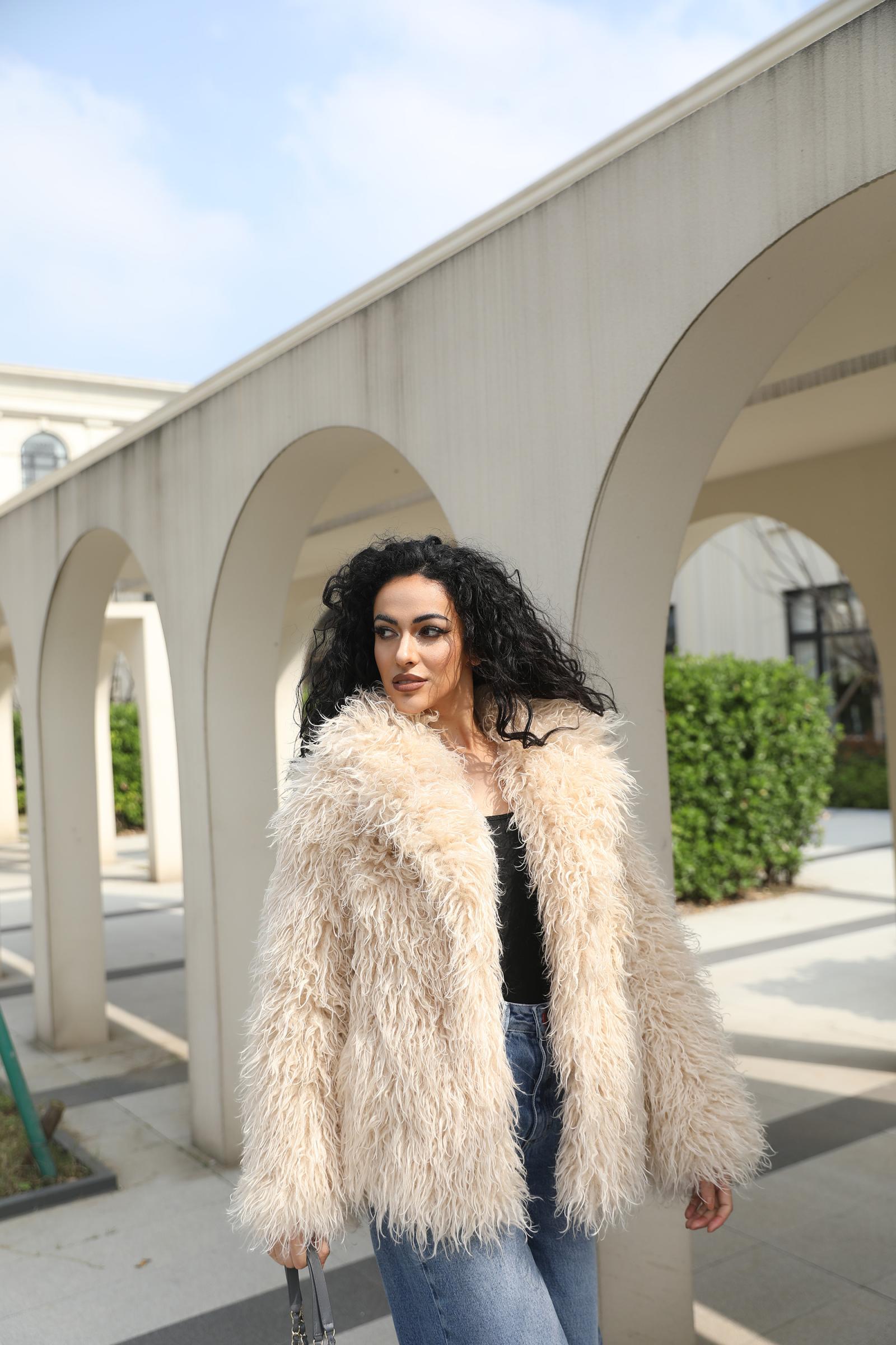 Faux Mongolian Lamb Wool Coat Eco Friendly Mongolian Lamb Wool Women's Elegant Notched Collar Short Coat Jacket - Janefur