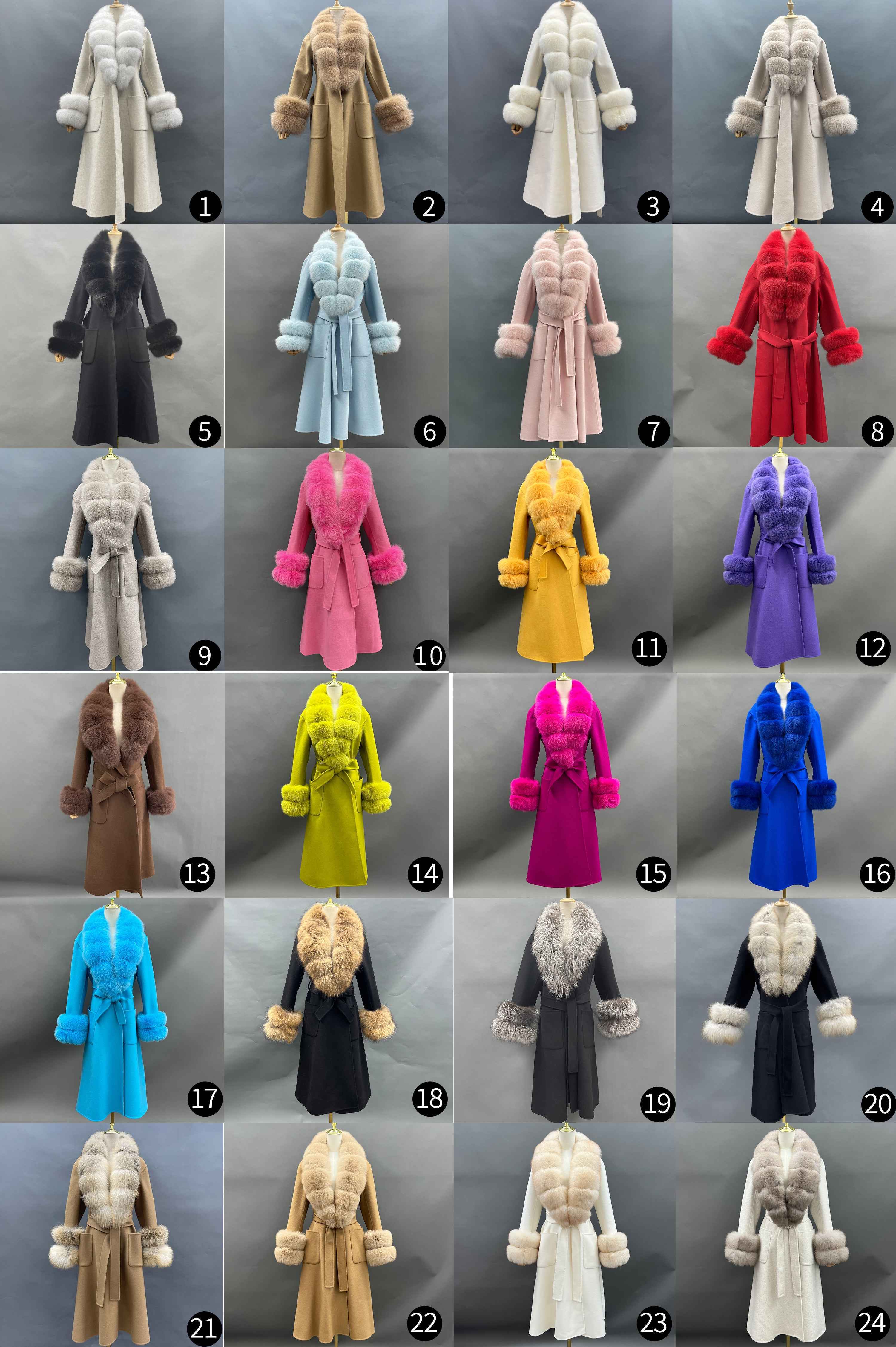 Women's Luxury Double - Faced Wool Coat with Segmented Fox Fur Collar, Two - Section Cuffs, Flared Skirt & Belt