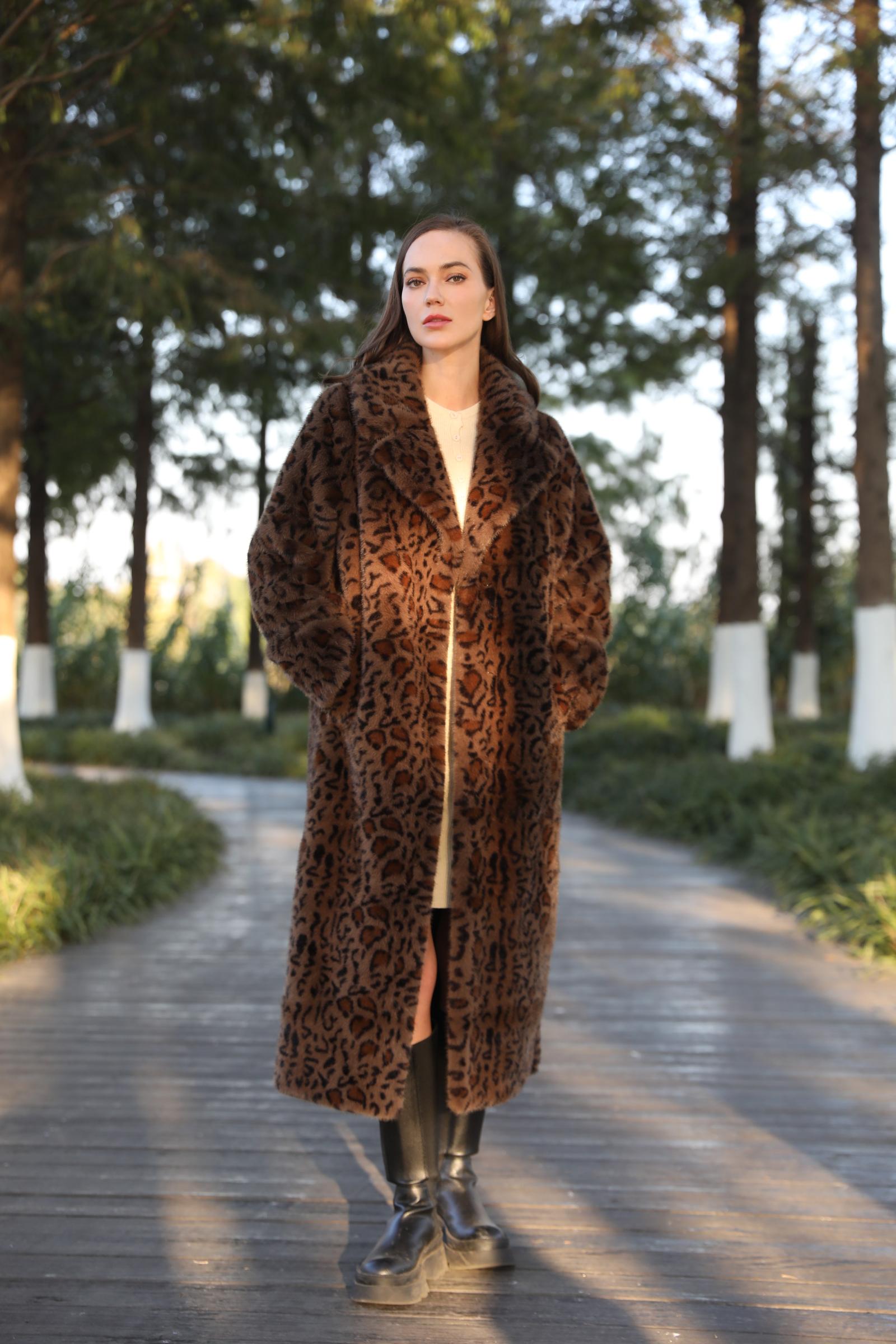 New Trendy Leopard Print Long Faux Mink Jacket Eco Fur - Janefur