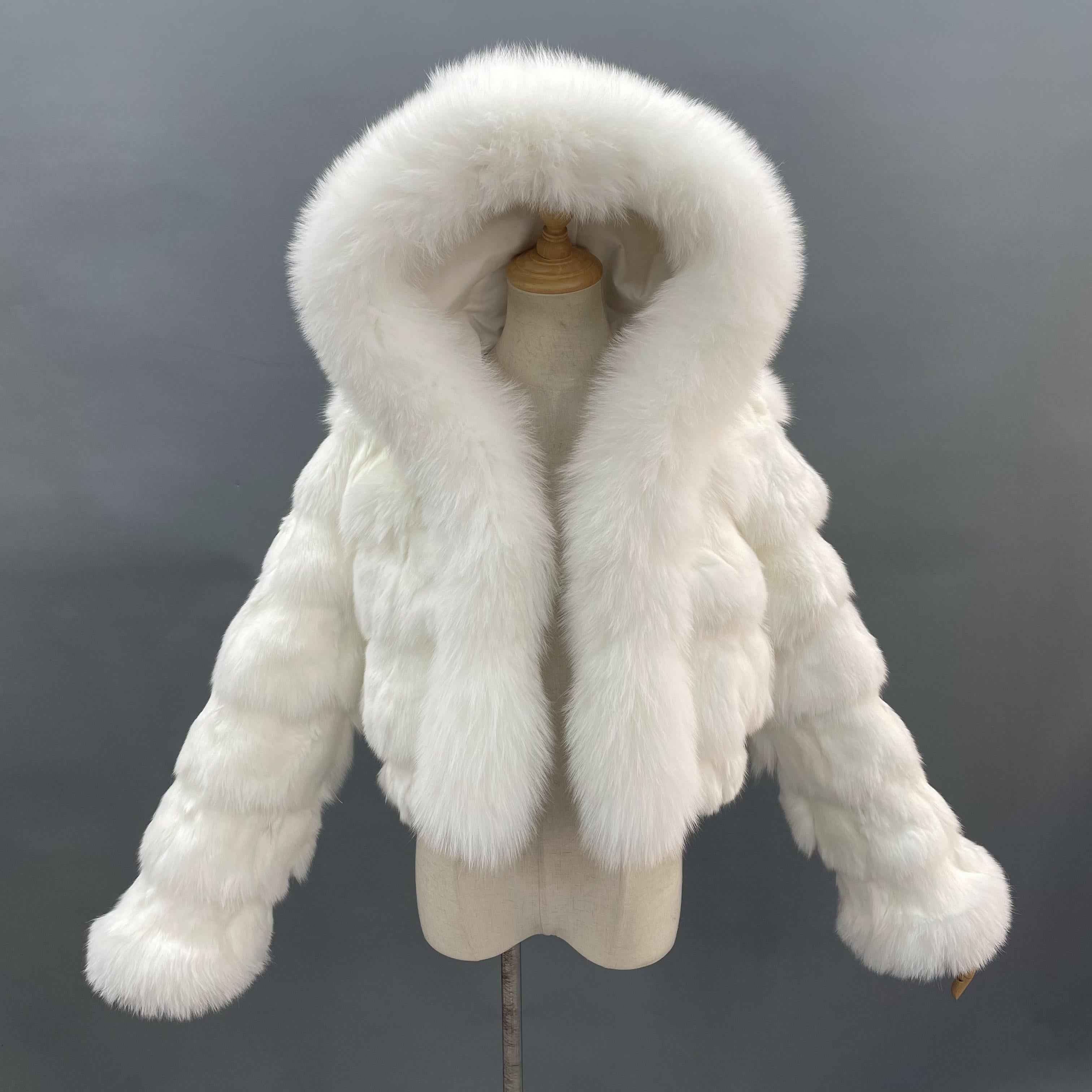 Fox Fur Coat for Women Luxurious Fox Fur Placket Hooded Zippered Jacket - Janefur