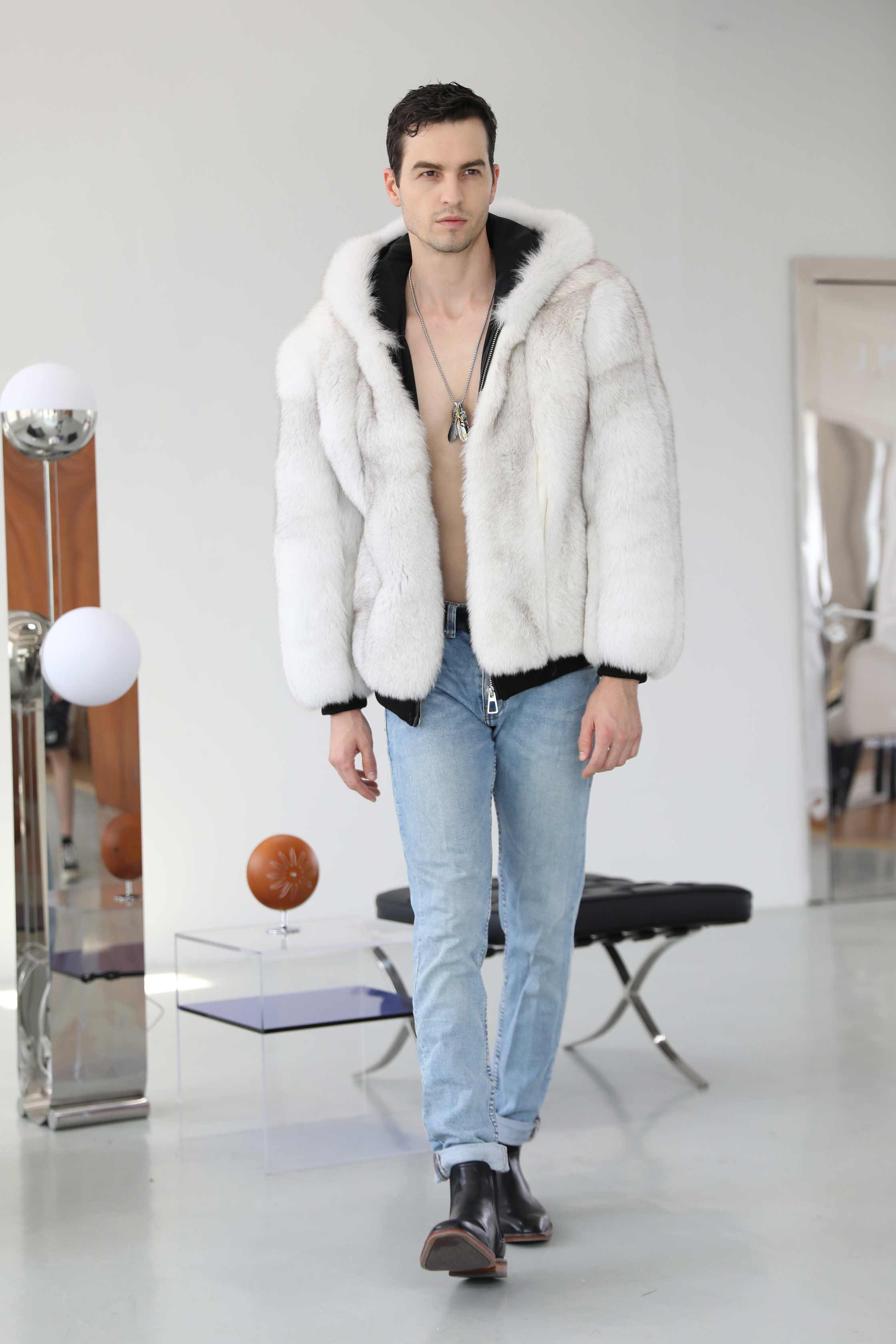 Men's Fashion Design Fox Leather Jacket Hood Casual Style Coat - Janefur