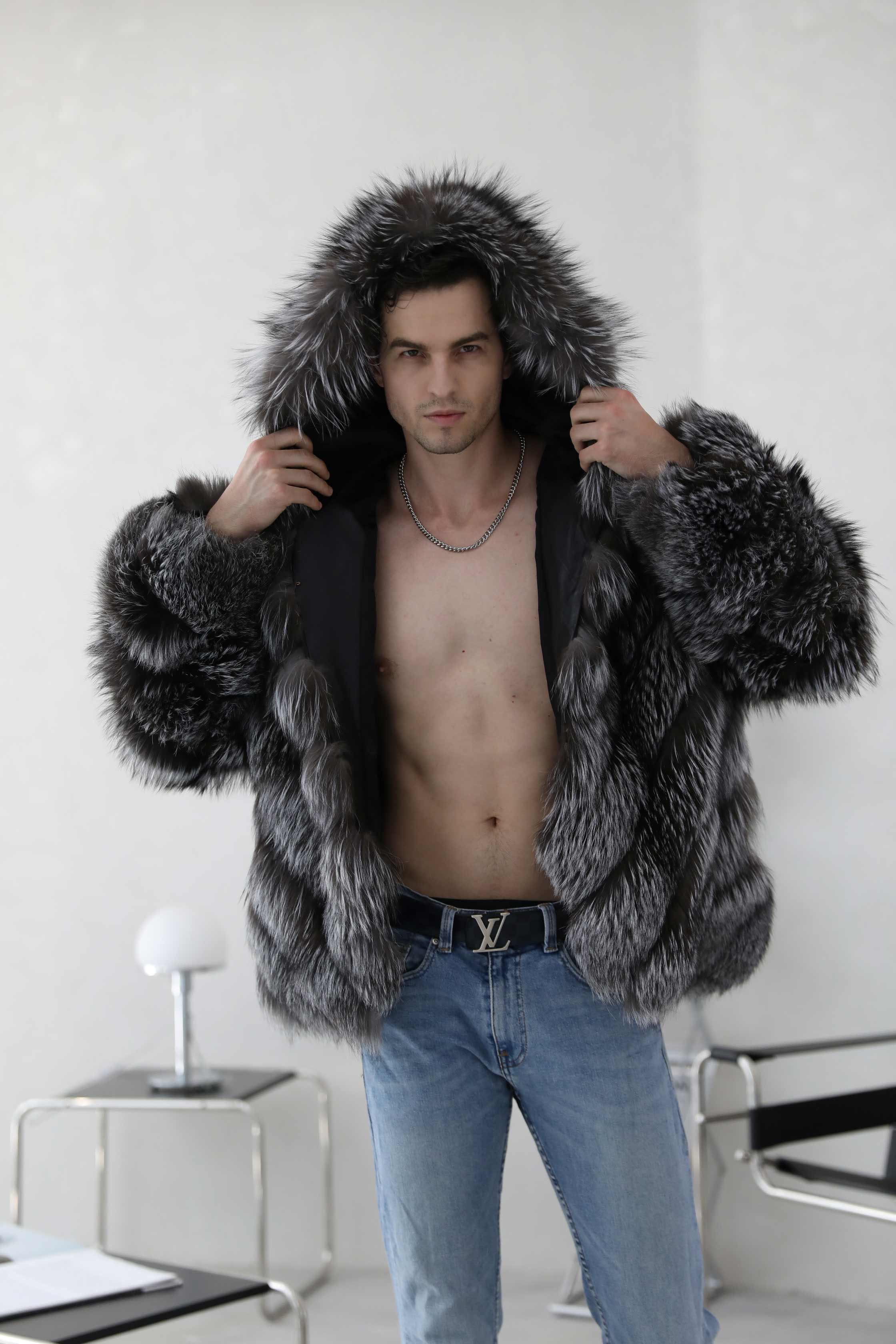 Hooded Luxury Diagonal Stripe Fox Fur Jacket Warm Men's Coat - Janefur