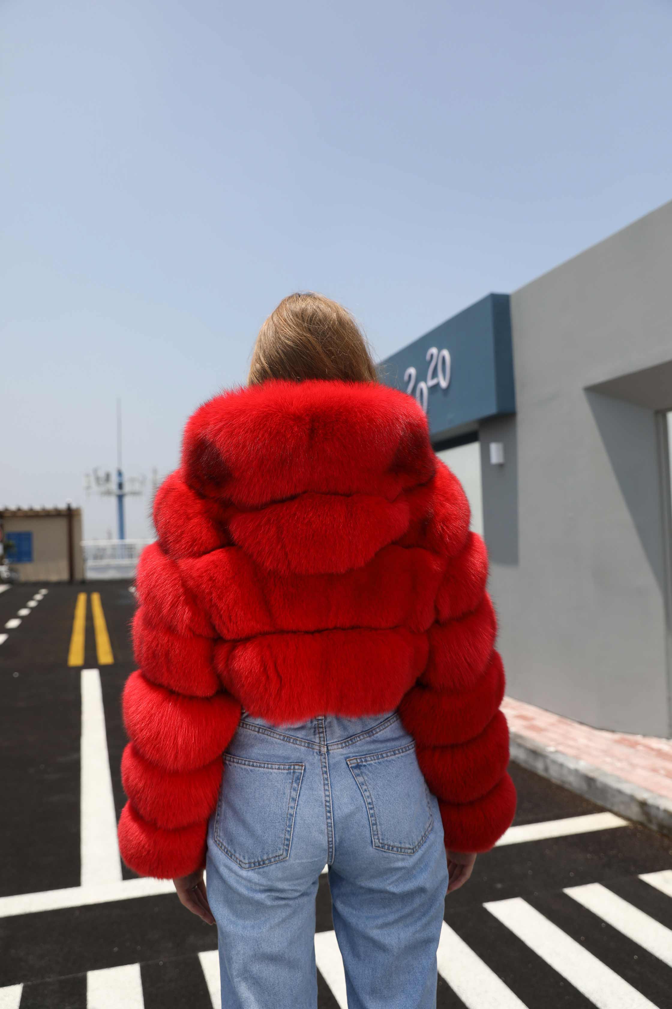 Fashion Short Genuine Fox Fur Coat Women's Winter Hooded Jacket - Janefur