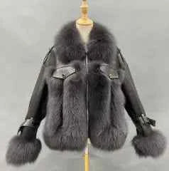 Real Fox Fur Collar Women's Short Fox Fur Stitching Leather Winter Short Coat - Janefur