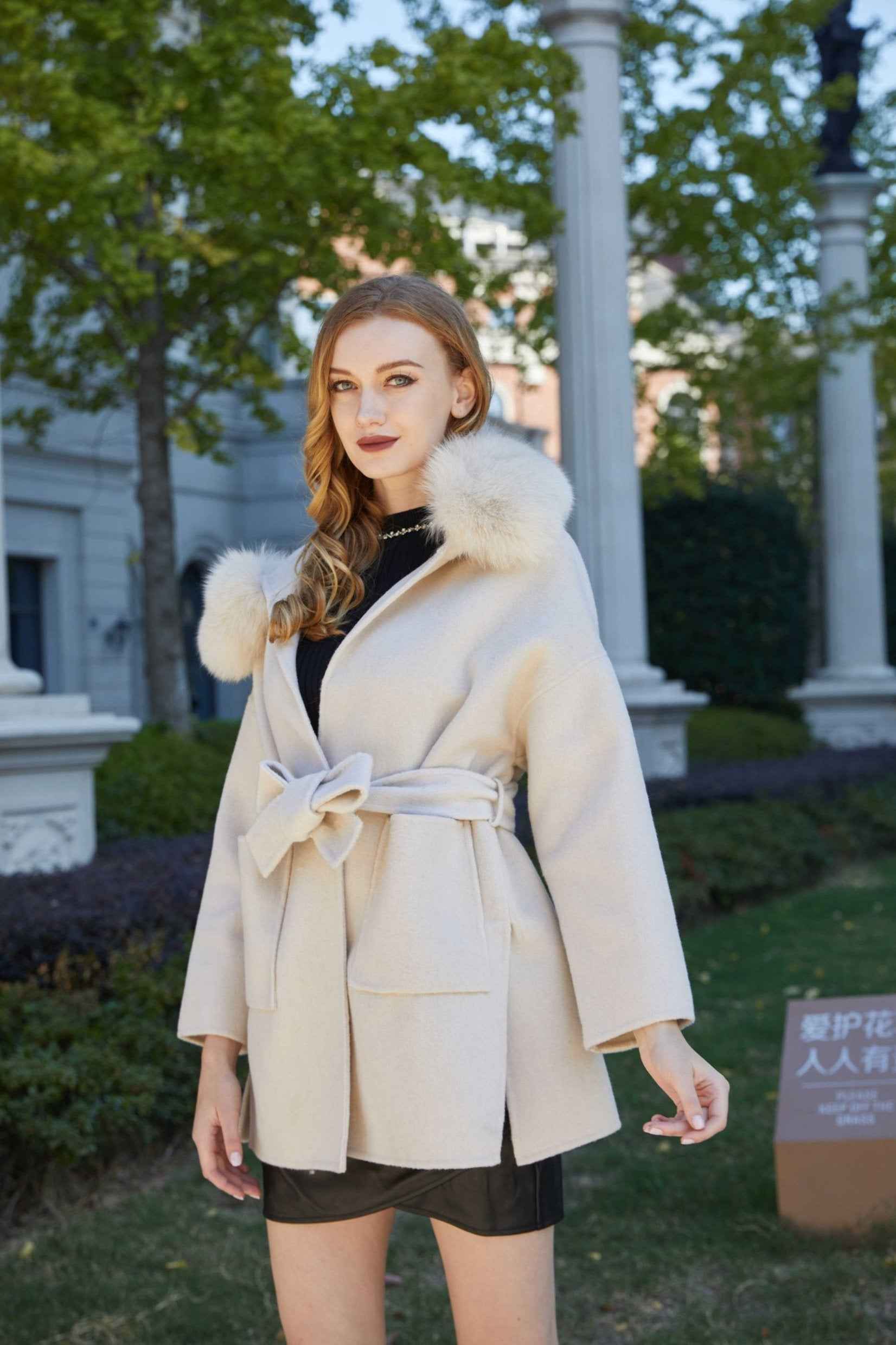 Double-sided Cashmere Mid-length Hooded Large Fur Collar Coat Women's Winter Coat - Janefur