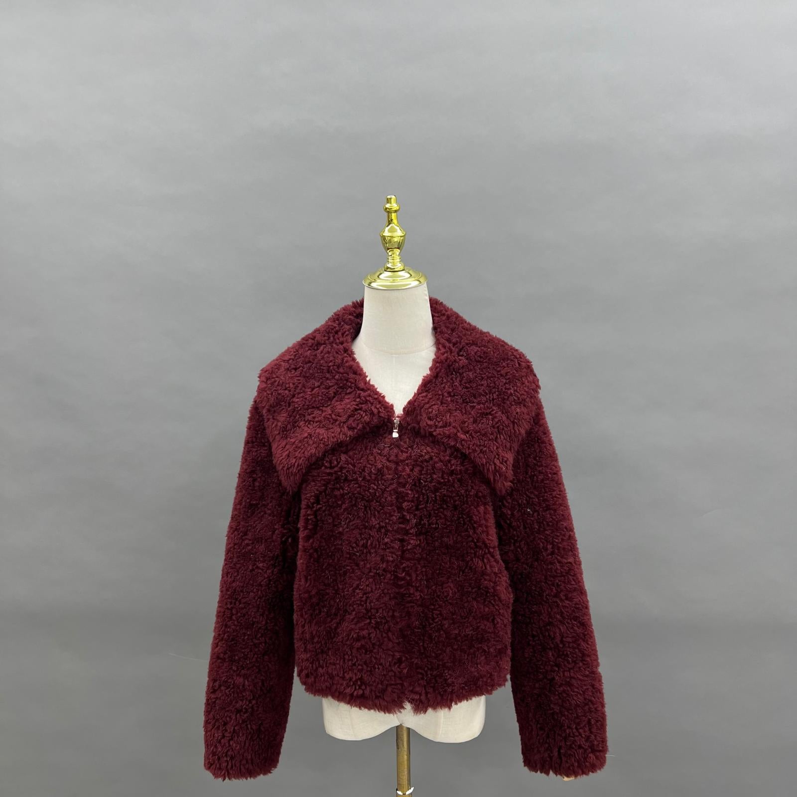 Faux Shearling Coat Women's Navy Collar Zipper Eco Friendly Shearling Jacket Outerwear - Janefur