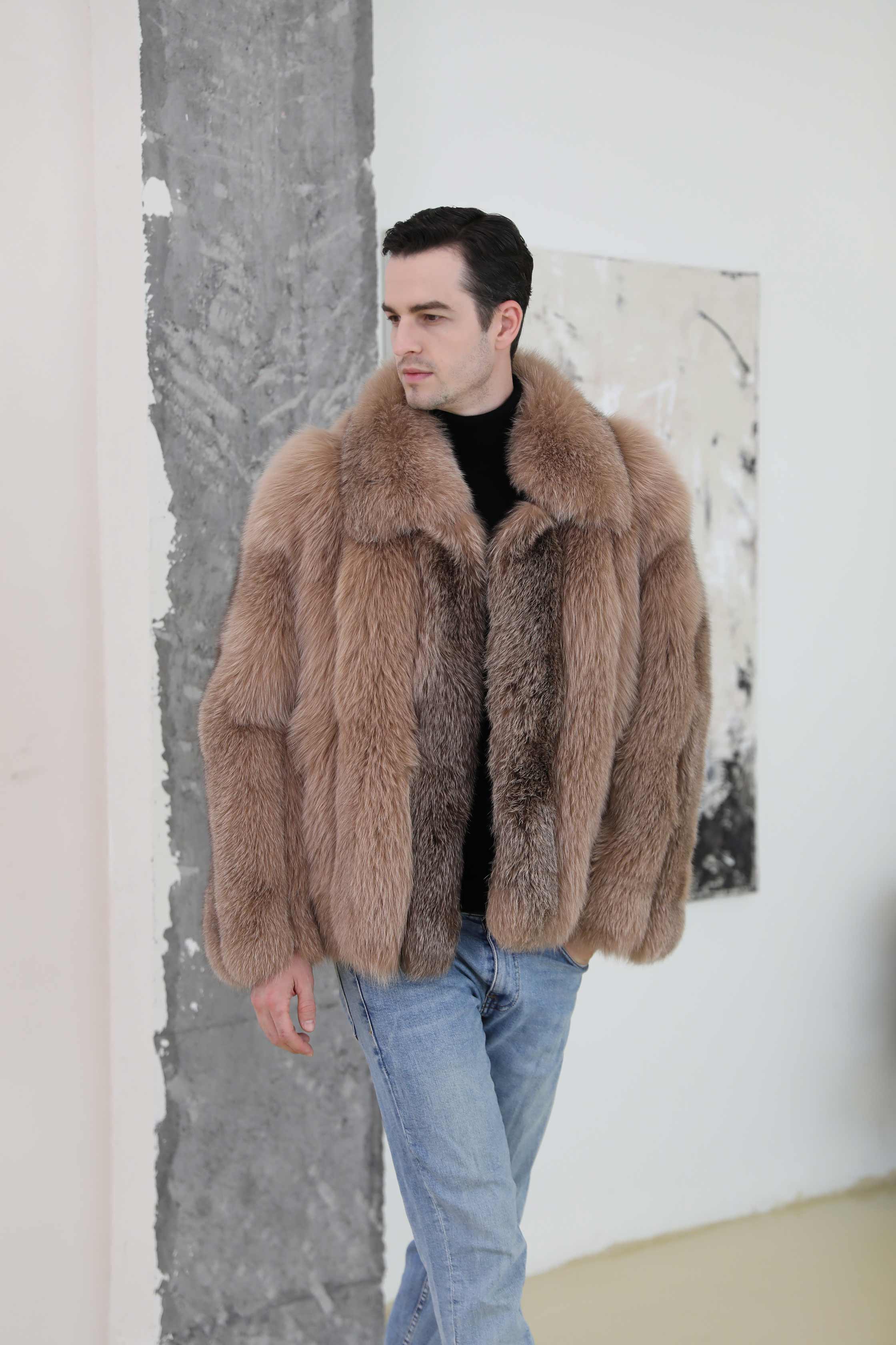 Men's Warm Fox Fur Coat Vertical Stripe High-quality Coat - Janefur