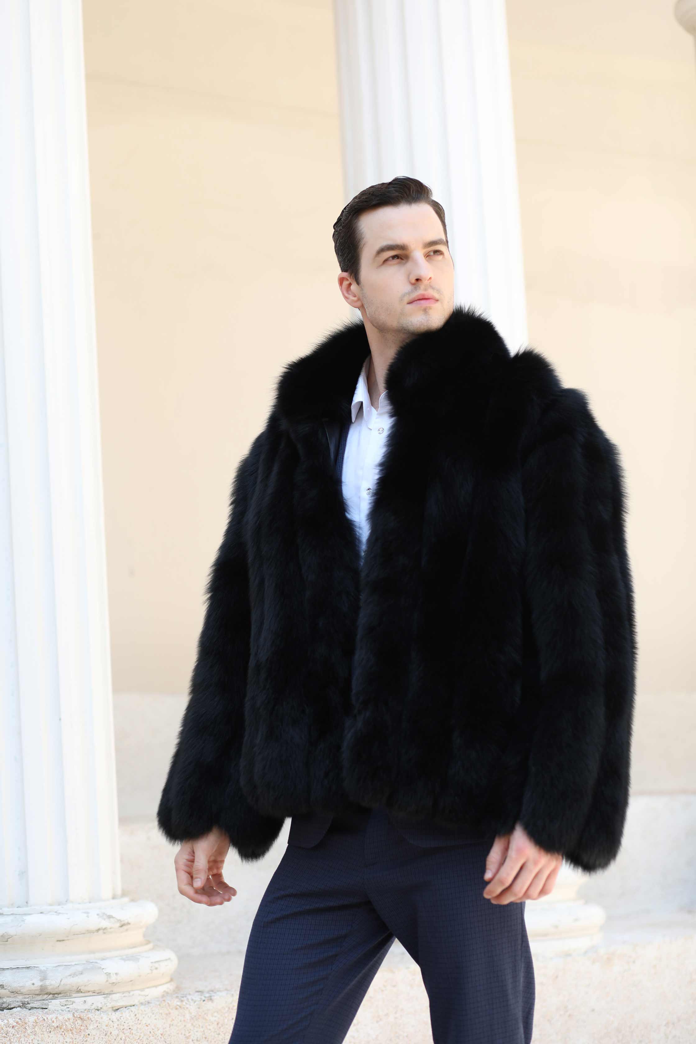 Men's Winter Coat With Stand-up Collar And Vertical Stripes Real Fox Fur - Janefur